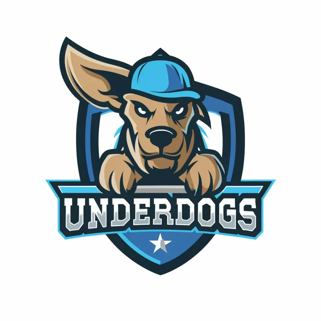 a logo design,with the text "The Underdogs", main symbol:a dog with a cap for a cricket team with blue and black scheme with the name of the team prominent in the center of the image,complex,be used in Sports Fitness industry,clear background