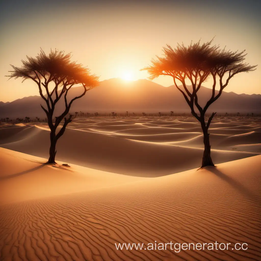 Simple photo of a desert sand mountain sunrise sea trees.