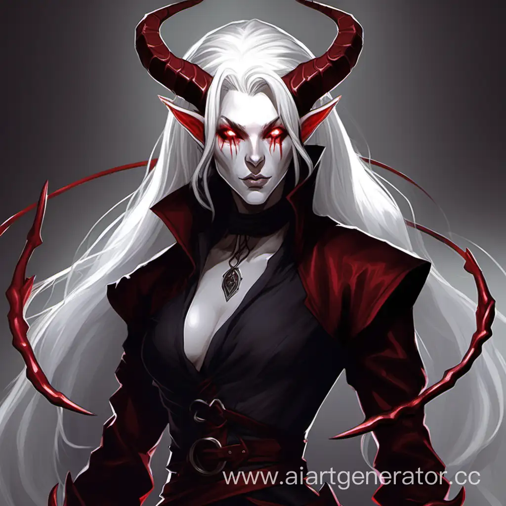 abyssal tiefling art dnd, white hair, humanity, бледный цвет кожи, красно - алые глаза, не слишком длинные рога
