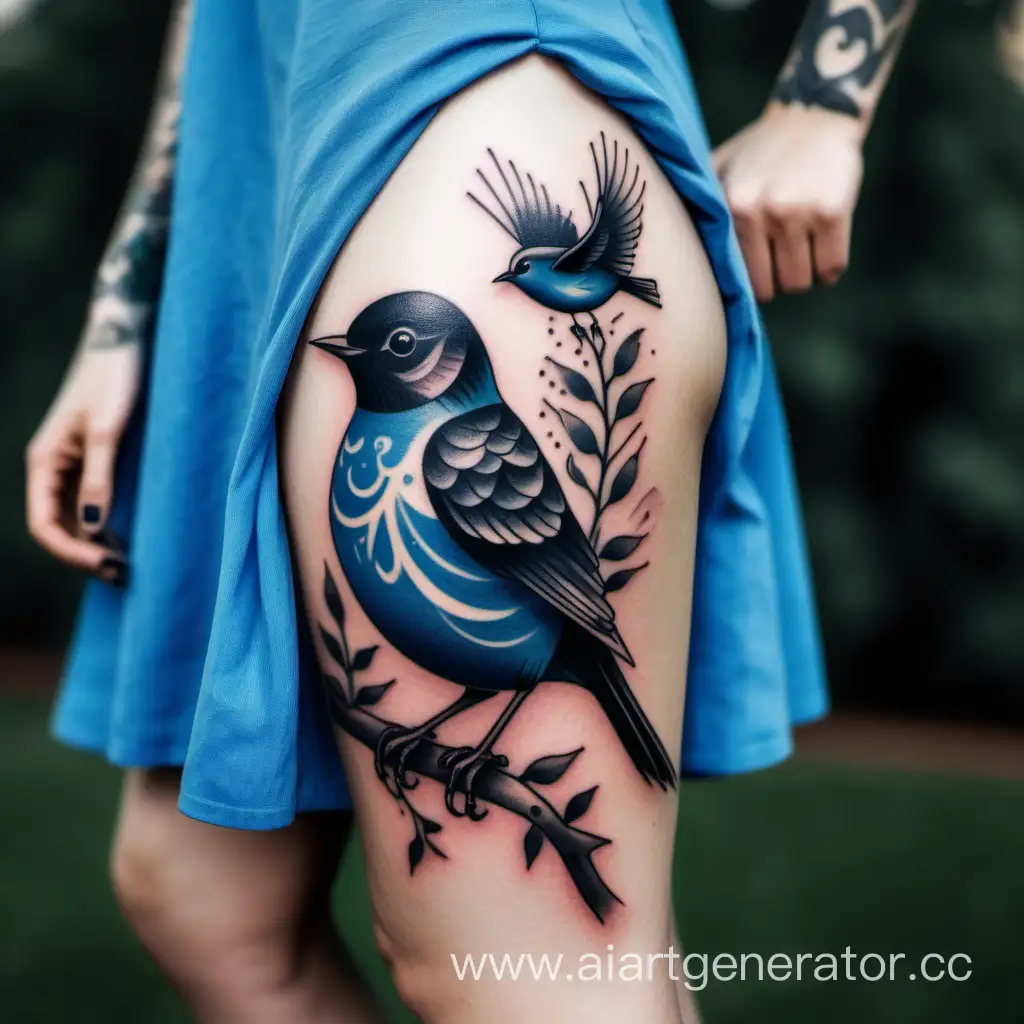 Черного цвета татуировка маленькой птицы у девушки, которая, стоит на фоне городского парка в красивом голубом платье.