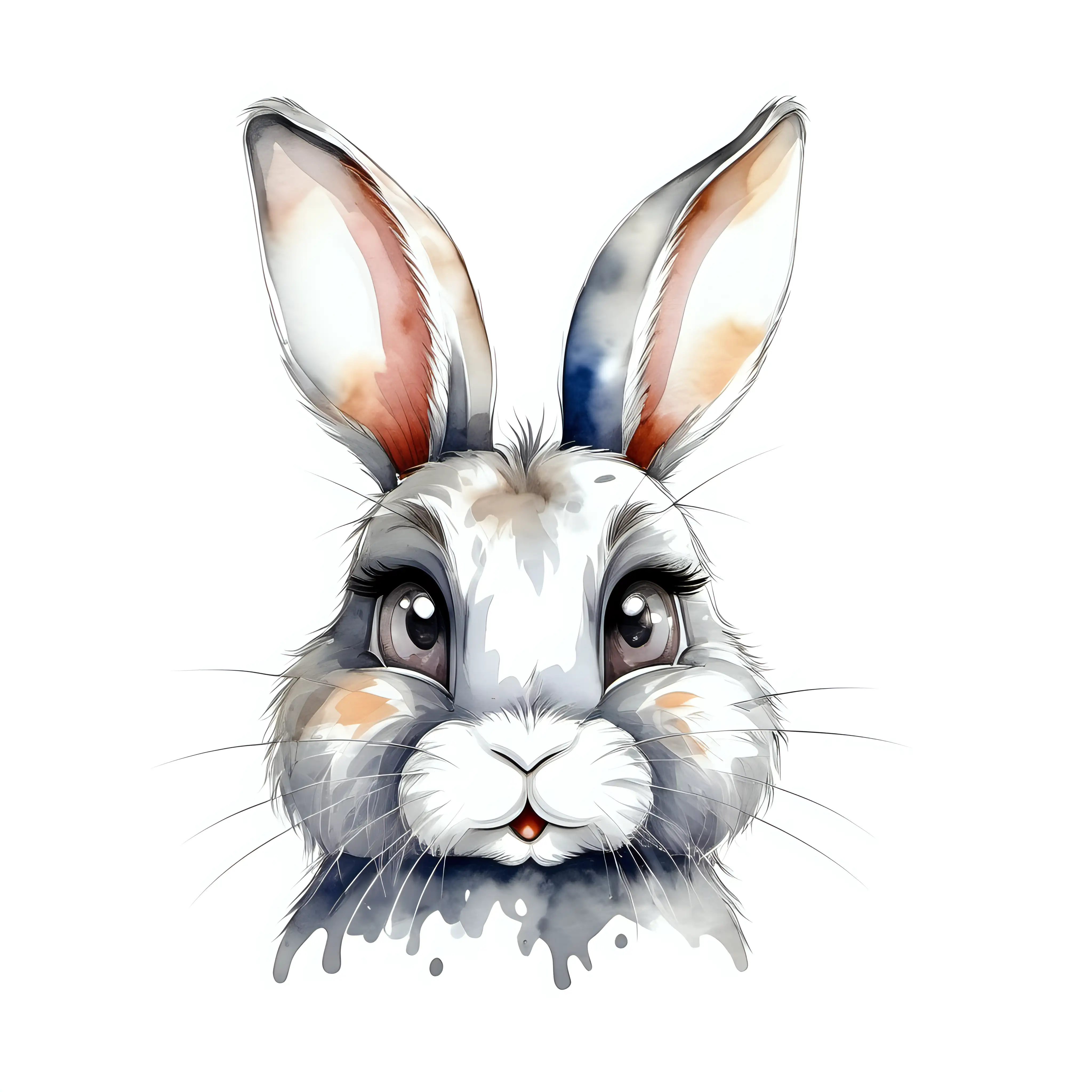 Watercolor Hand Drawn Sketch of a Furry Cartoon Rabbit with Gray Eyes