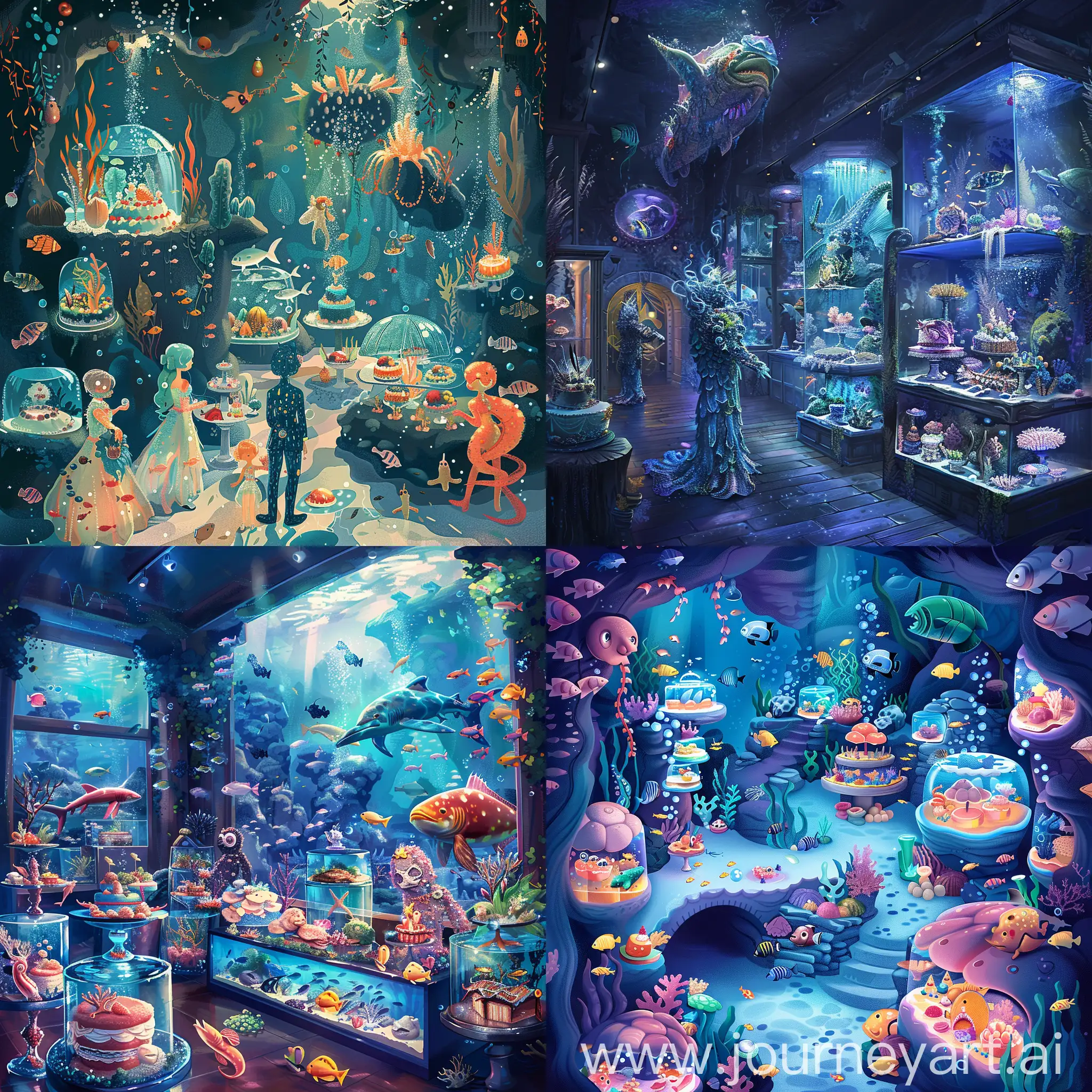 Иллюстрация::1.1, аквариумная вечеринки, помещение в стиле подводного мира, артисты в костюмах морских обитателей и организовать интерактивные зоны с аквариумами и рыбами, иллюстрация, праздничные тортами в виде морских обитателей, весь вечер будет наполнен атмосферой загадочности и волшебства под водой, --s 200