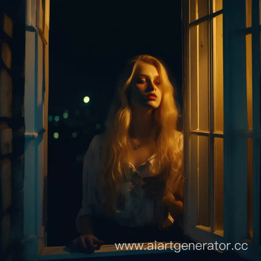 Девушка с русыми длинными волосами стоит у окна и курит сигарету в открытое окно на улице ночь все происходит на 9 этаже, стиль как картины 18х веков   4k