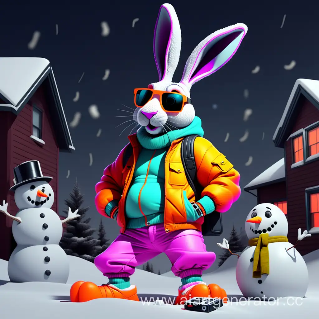 Неоновый заец с магнитофоном в штанах хип-хоп а во круг снег и снеговик