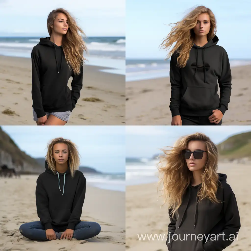 Gildan 18500 blank black hoodie mockup of a young model in her 20’s at the beach