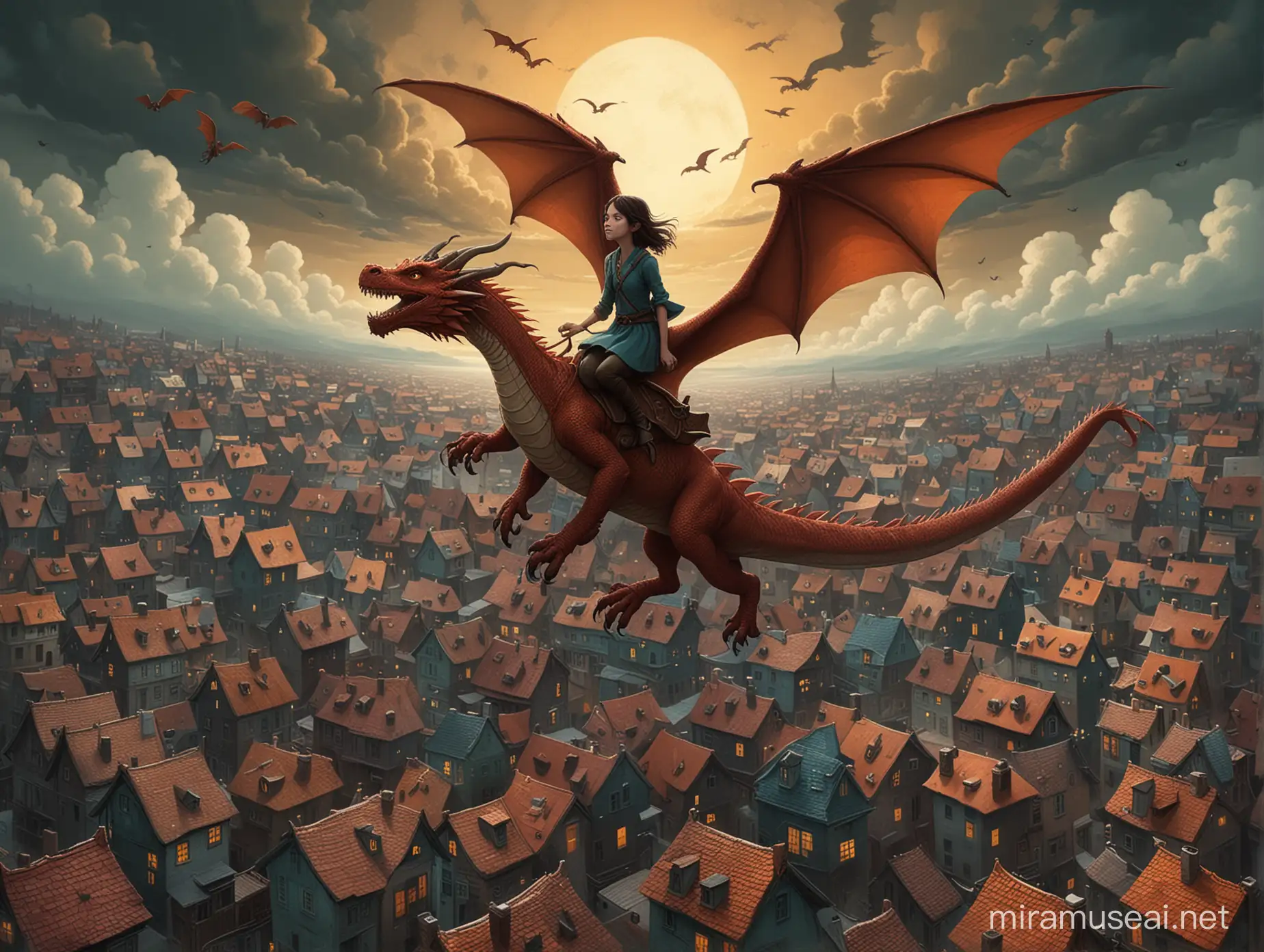 a girl flies on a dragon over the roofs of houses in a modern city, style by Andy Kehoe