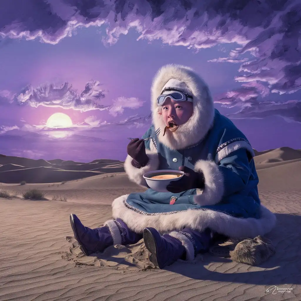 a fully dressed eskimo, in the desert, eating soup with a fork. a slight purple hue sunset