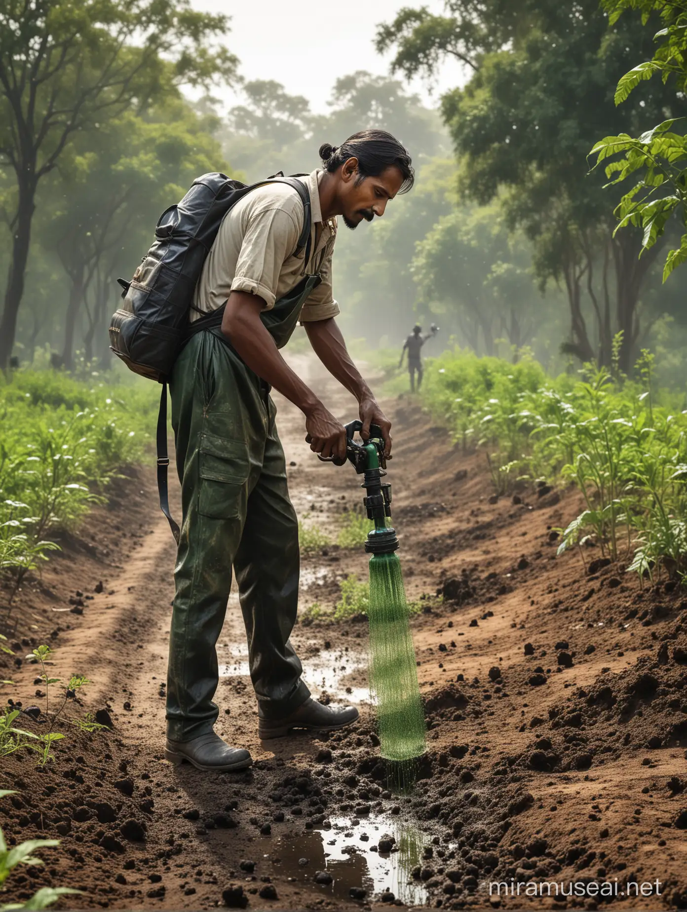 A (((realistic Indian farmer))) meticulously applying a ((knapsack sprayer)) to clean an area of a sticky, tar-like substance to the globe revolving separately at a distance from the farmer, revealing ((vibrant green vegetation)) sprouting up around the earth along continental demarcations, suggesting a (((toxin-free planet))) for a modern magazine cover conceptualizing sustainability