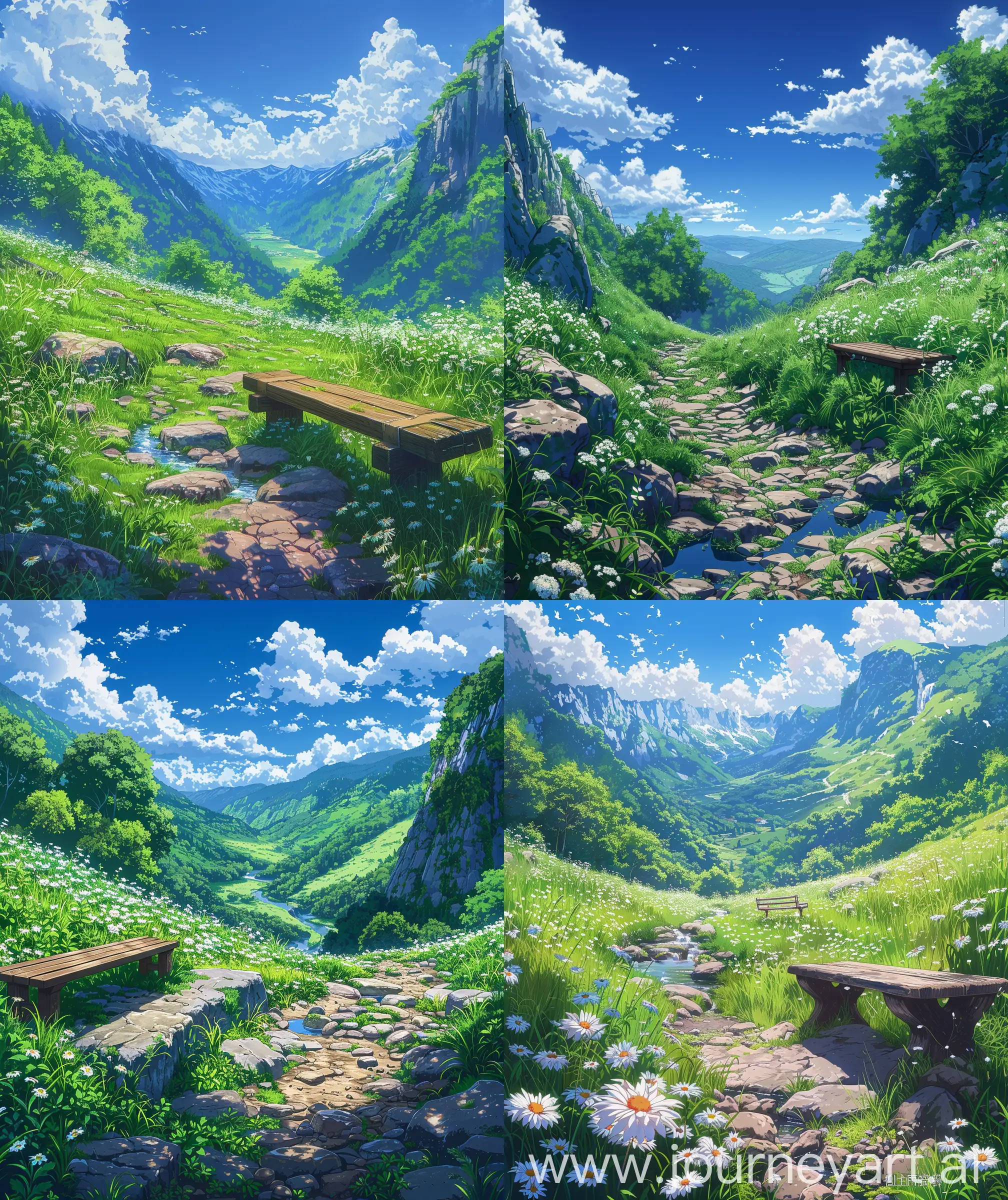 Anime scenary , mokoto shinkai and ghibli mix scenary, valley stream , stone, grass, Blue sky, sunny weather, nature beautiful view, quite and calm nature, grass, bench , grass, white flowers, close up view, vibrant and quite look, ultra HD, high quality, sharp details , no hyperrealistic, --ar 27:32 --s 400