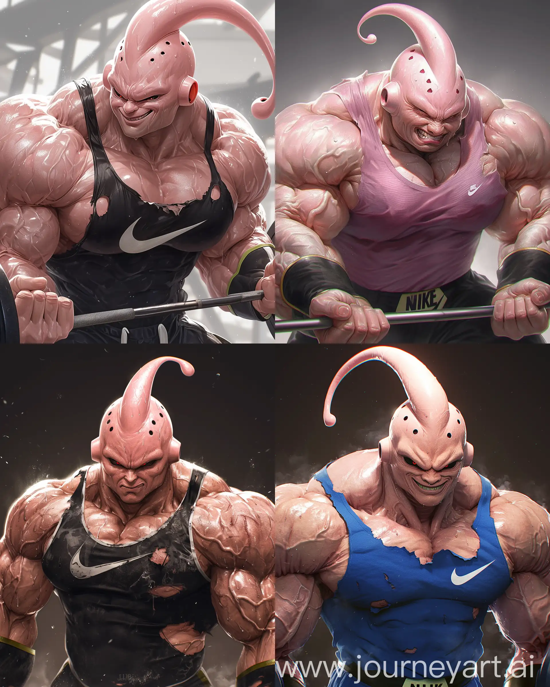 real person god Majin Buu from Dragon Ball World with large pump muscles wearing a Nike outfit doing a deadlift workout with heavy weight, large neck and wide shoulder muscles and thick veins, looks so strong and aggressive and focuses on the viewer with a mean attitude, torn clothes, sweating  with shiny skin, he still majin buu from dragon ball world 32k UHD HDR super crispy detail hyperrealistic, hyperrealism, --ar 4:5 --niji 6