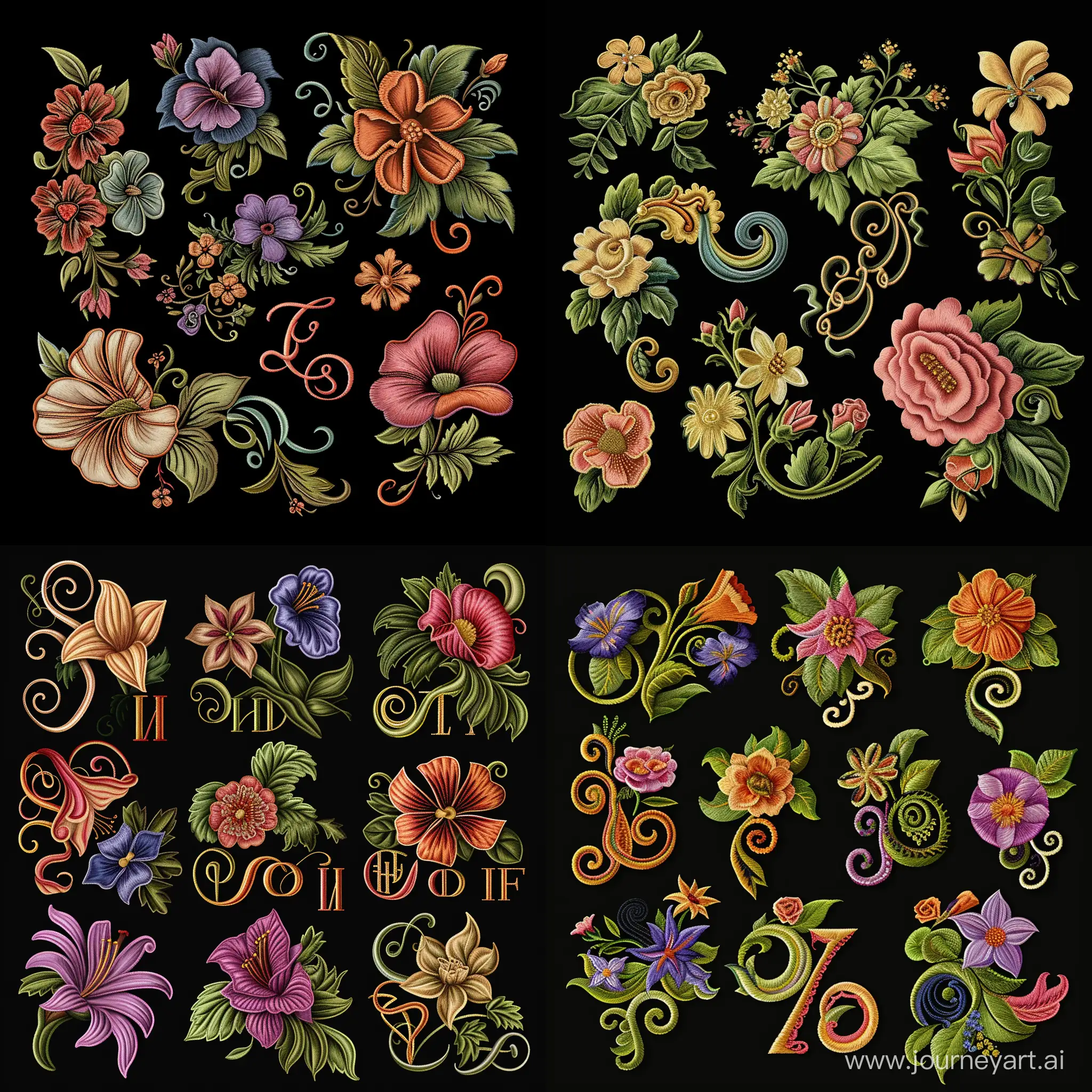 set of flowers with curls and monograms, Embroidery style, the texture of the threads is visible, vector illustrations, black background --v 6