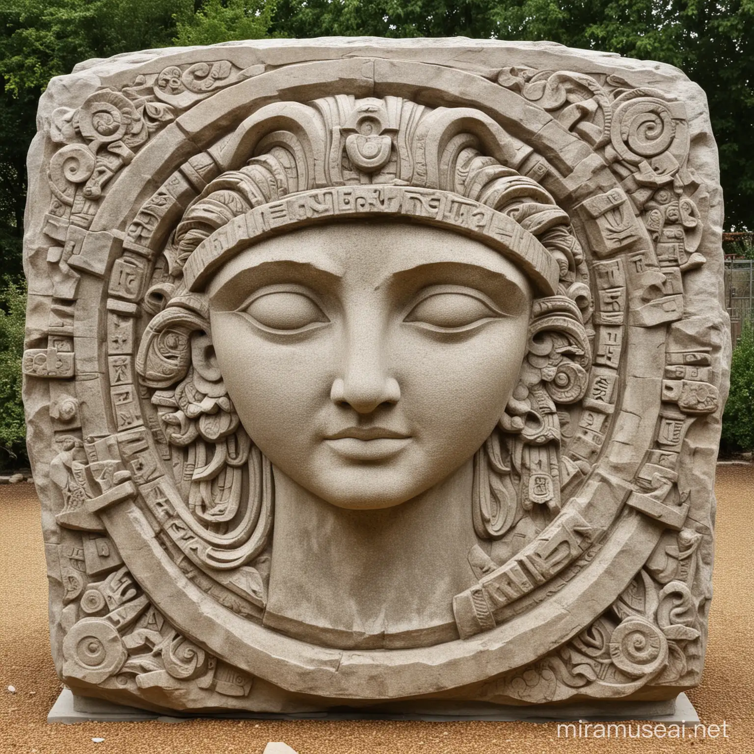 A big bold ancient Stone carving titled: "POWER OF IMAGINATION" 