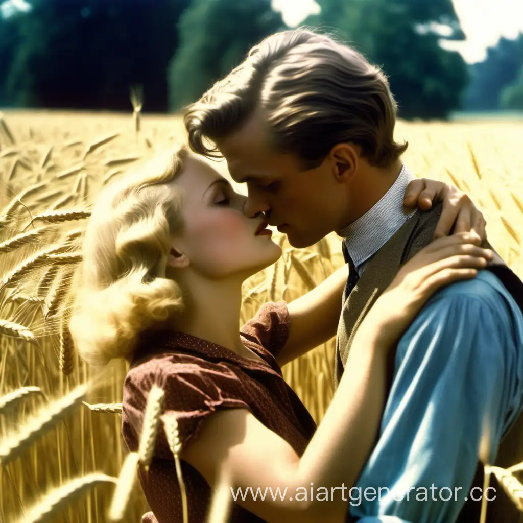 A 25-year-old German man with blondish hair the color of fresh wheat, blue beautiful eyes, is kissing a brunette girl of roughly the same age against her will. Early 1930s, summer, nature in the background.
