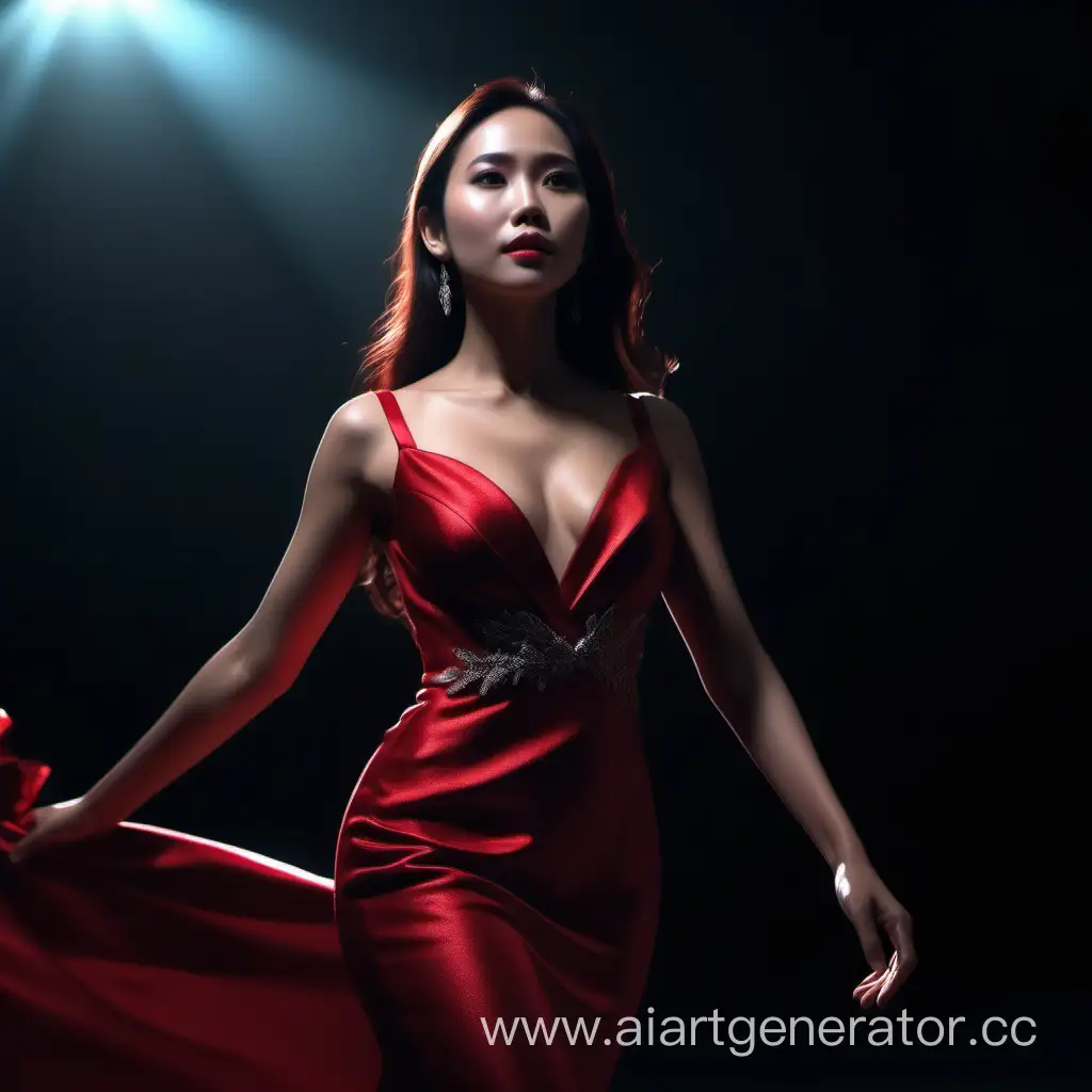 4DX beautiful American Philippine  woman, wearing and elegant and magnificent long red dress, beautiful lighting, cinematic, masterpiece, 8k, fully detailed, ultra graphics, ultra graphics, High Contrast, 16:9, no ugly blurry images, no extra limbs, no extra arms and legs, no fling hands and fingers