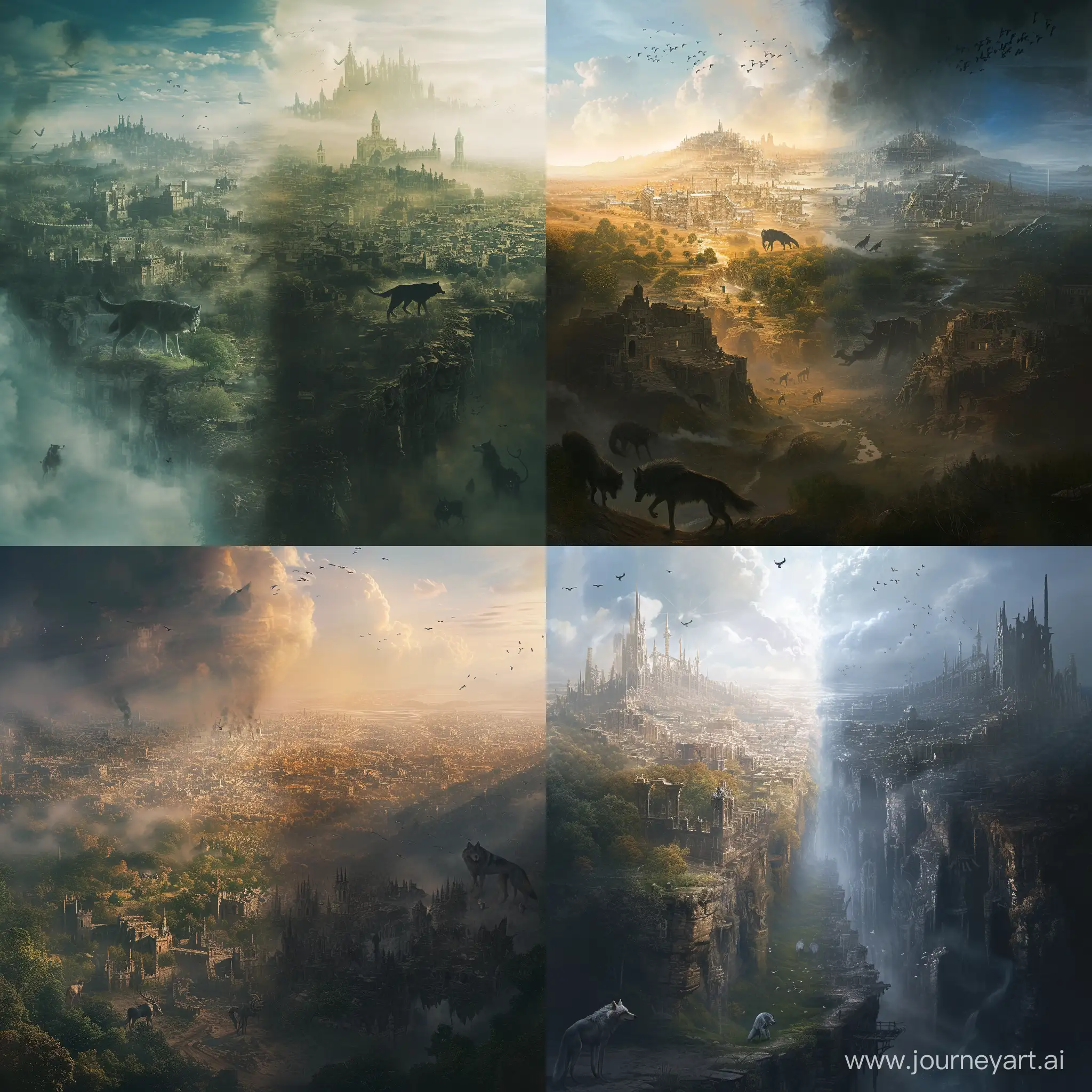 a distant panorama of a sprawling, awe-inspiring mythical city, shrouded in an ethereal mist that veils half of the city in gentle daylight, suffused with love and a sense of lush, welcoming nature. The other half looms in stark contrast, cloaked in an ominous darkness that accentuates its despair, with fierce wolves prowling amidst dilapidated structures. This city encapsulates a world teetering between profound sorrow and unbridled joy, representing the intricate coexistence of contrasting emotions on each side --q 4