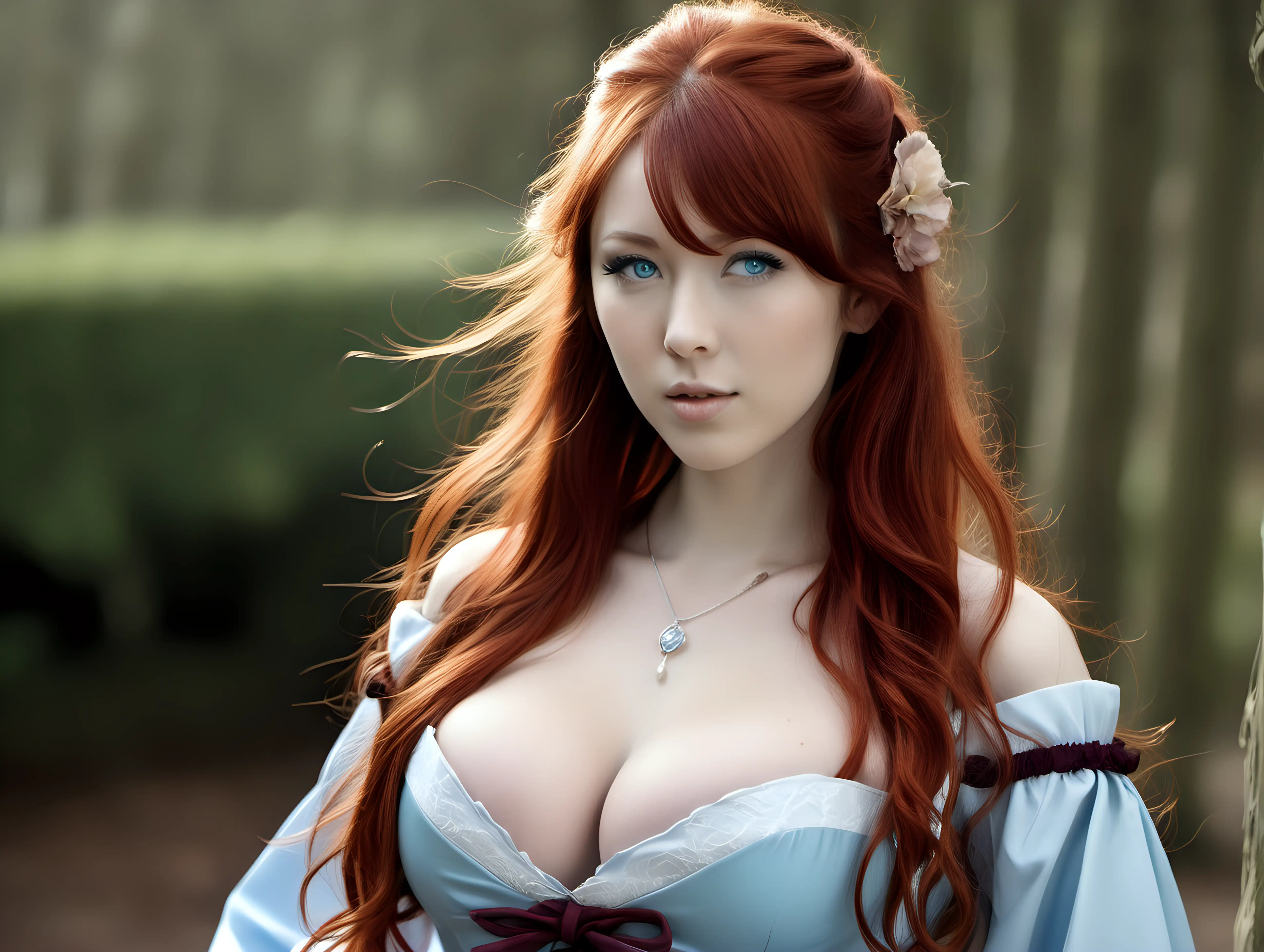 Lyra Stormsword, a beautiful half-Japanese, half-British woman with long, reddish hair and light blue eyes.  She has C-cup breasts that are covered by her regal dress.

