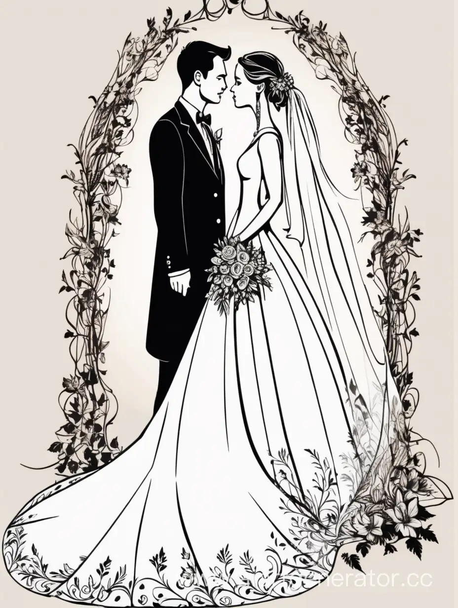 Newlywed-Couple-Standing-in-Profile-with-Floral-Border-Vector-Image