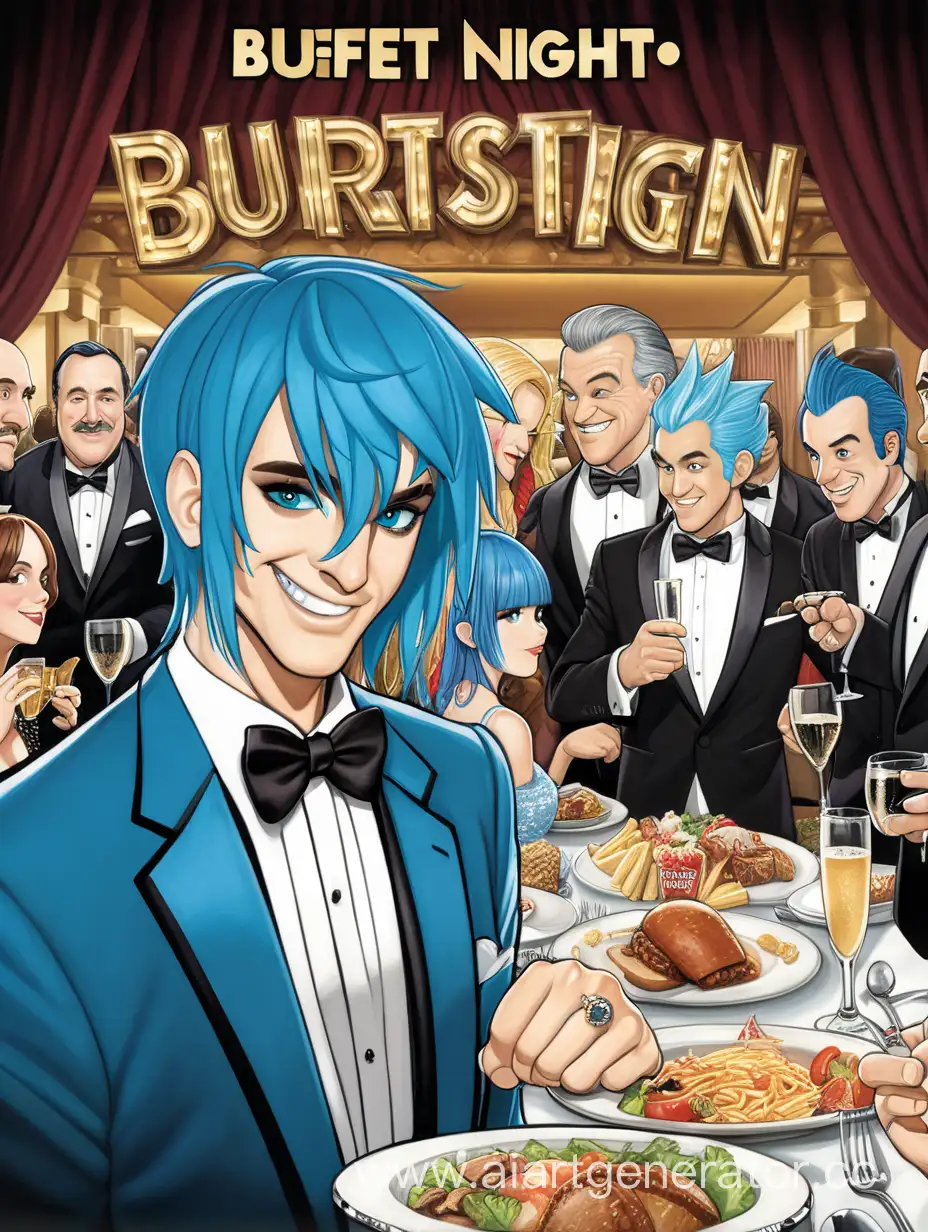 a man with bright blue hair and a tuxedo. a movie poster with the title: buffet night burstin'