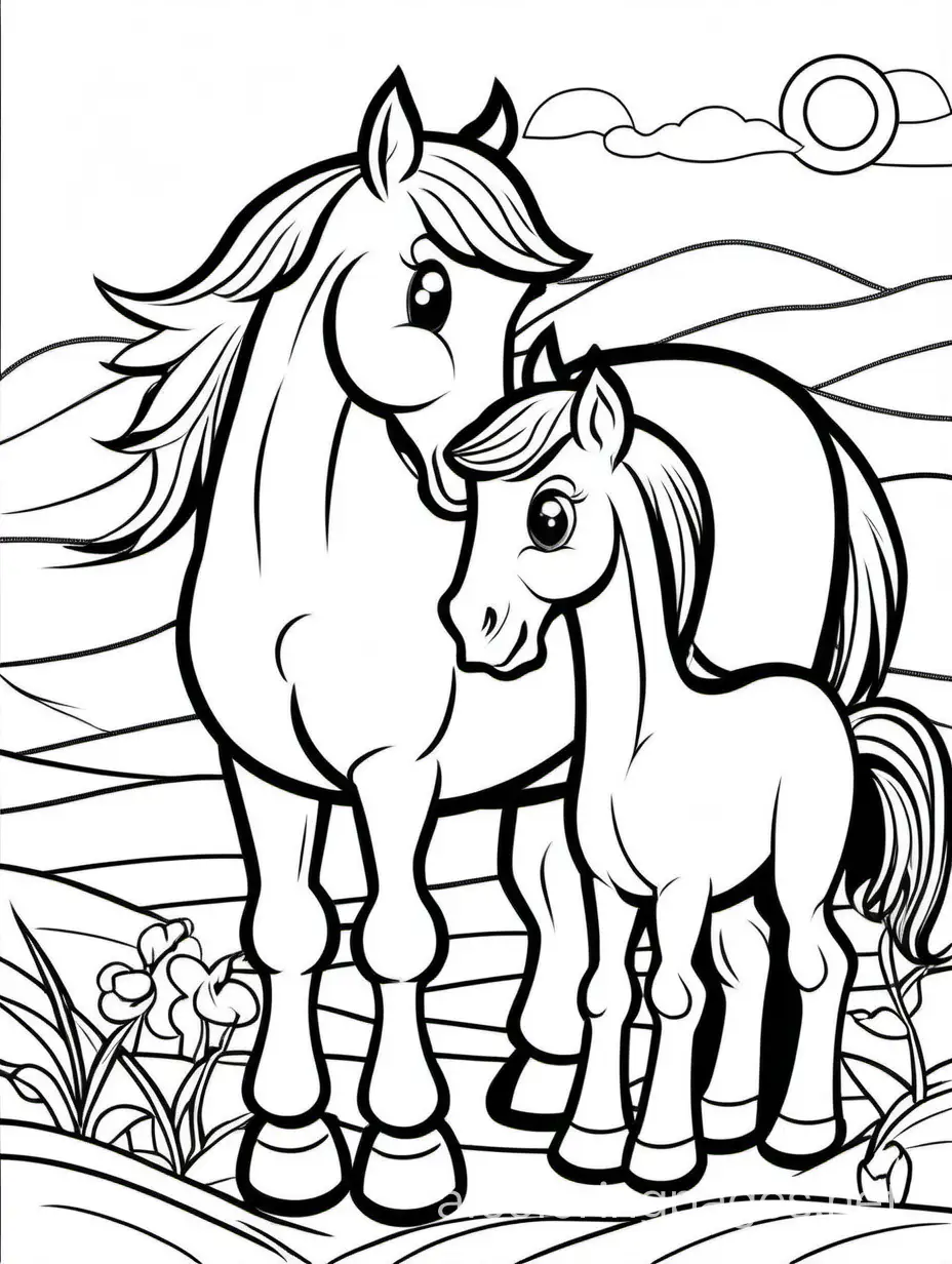cute Horse and his Foal for kids , Coloring Page, black and white, line art, white background, Simplicity, Ample White Space. The background of the coloring page is plain white to make it easy for young children to color within the lines. The outlines of all the subjects are easy to distinguish, making it simple for kids to color without too much difficulty