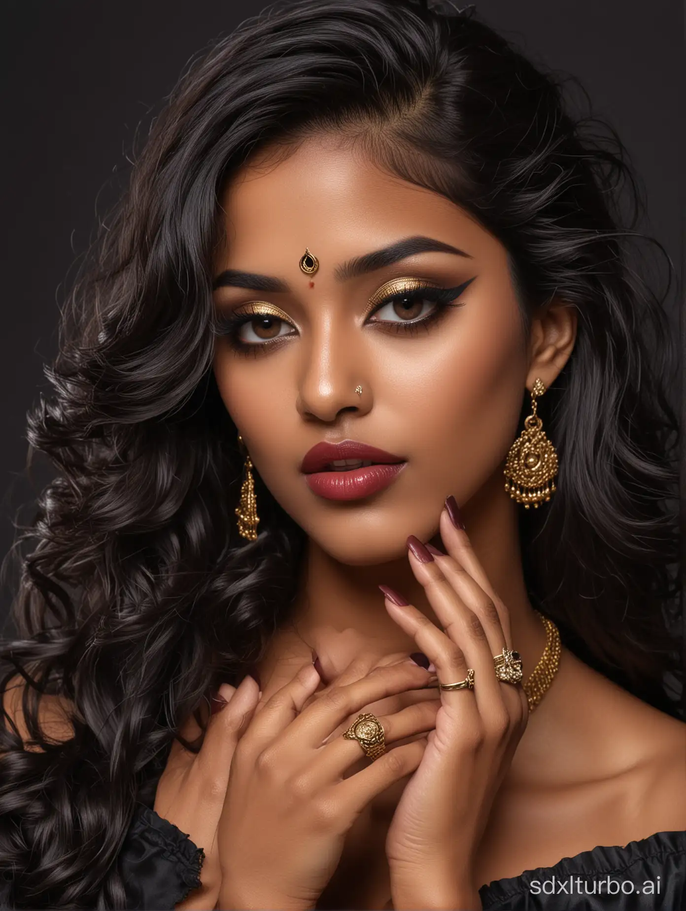hyper realistic Closeup shot image of an tan black colored south indian tamil lady, wearing Christian nun dress,straight curly glossy hair, glossy leather corset outfit, wearing gold jewellery nose pentant and ring in lips jwellery,flawless glossy makeup and glossy burgundy lips, kissing lips, nude breast,golden black eyeshadow and dramatic eyelashes silver grey colour contact lenses, eye makeup, metalic black colour glossy polished finger nails, wearing stockings and high heels sitting in sofa,dark black background.