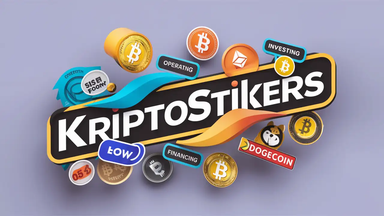 Create KriptoStikers logo showing cashflow stickers and stickers with crypto coins and tokens. Various stikers with the logo KRIPTOSTIKERS