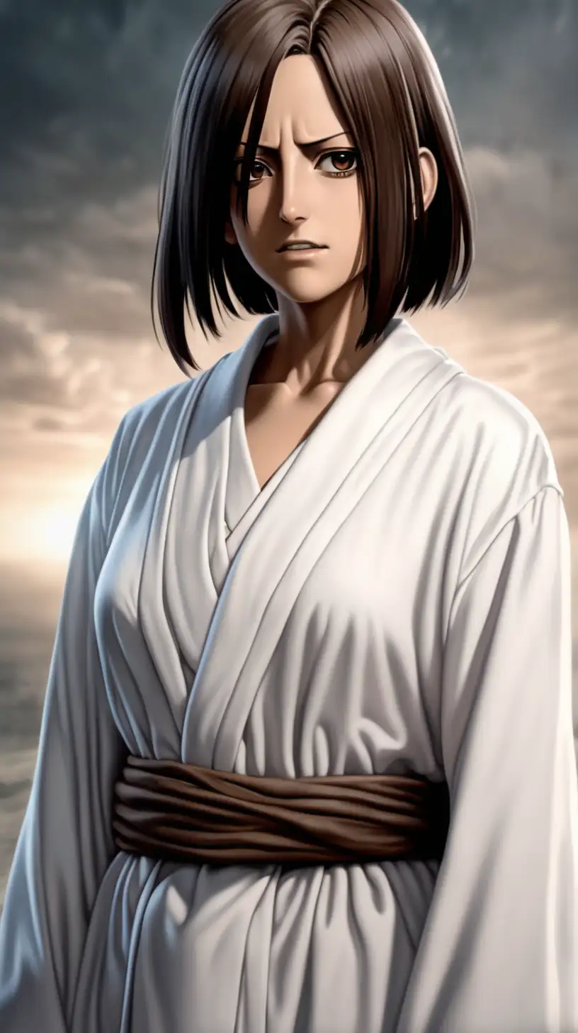 FEMALE, Ymir as a cult leader in a white robe from anime "Attack on Titan", hyper-relaistic