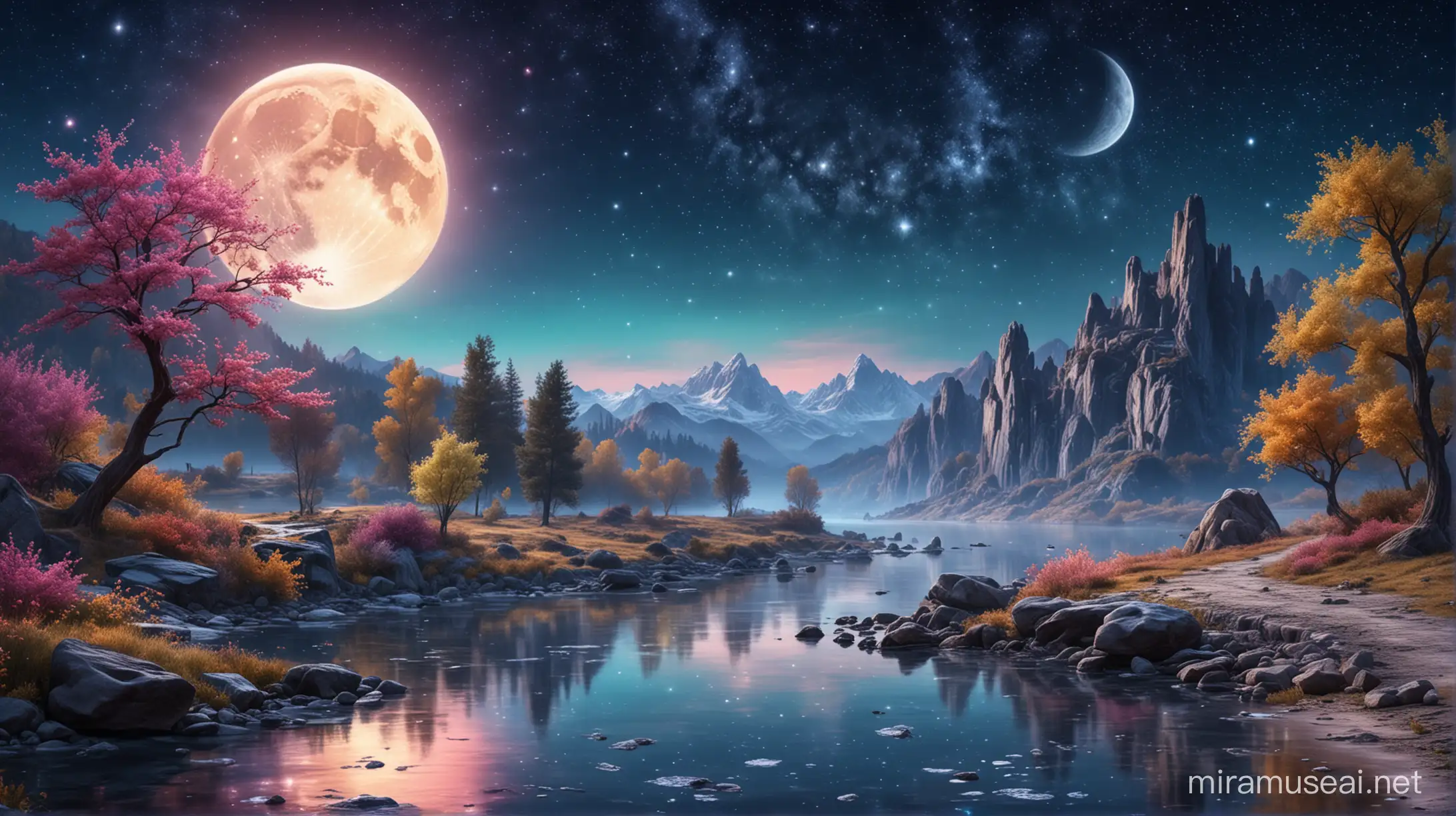 beautiful colorful scene of a fairytale, the moon, a river, stars and crystals