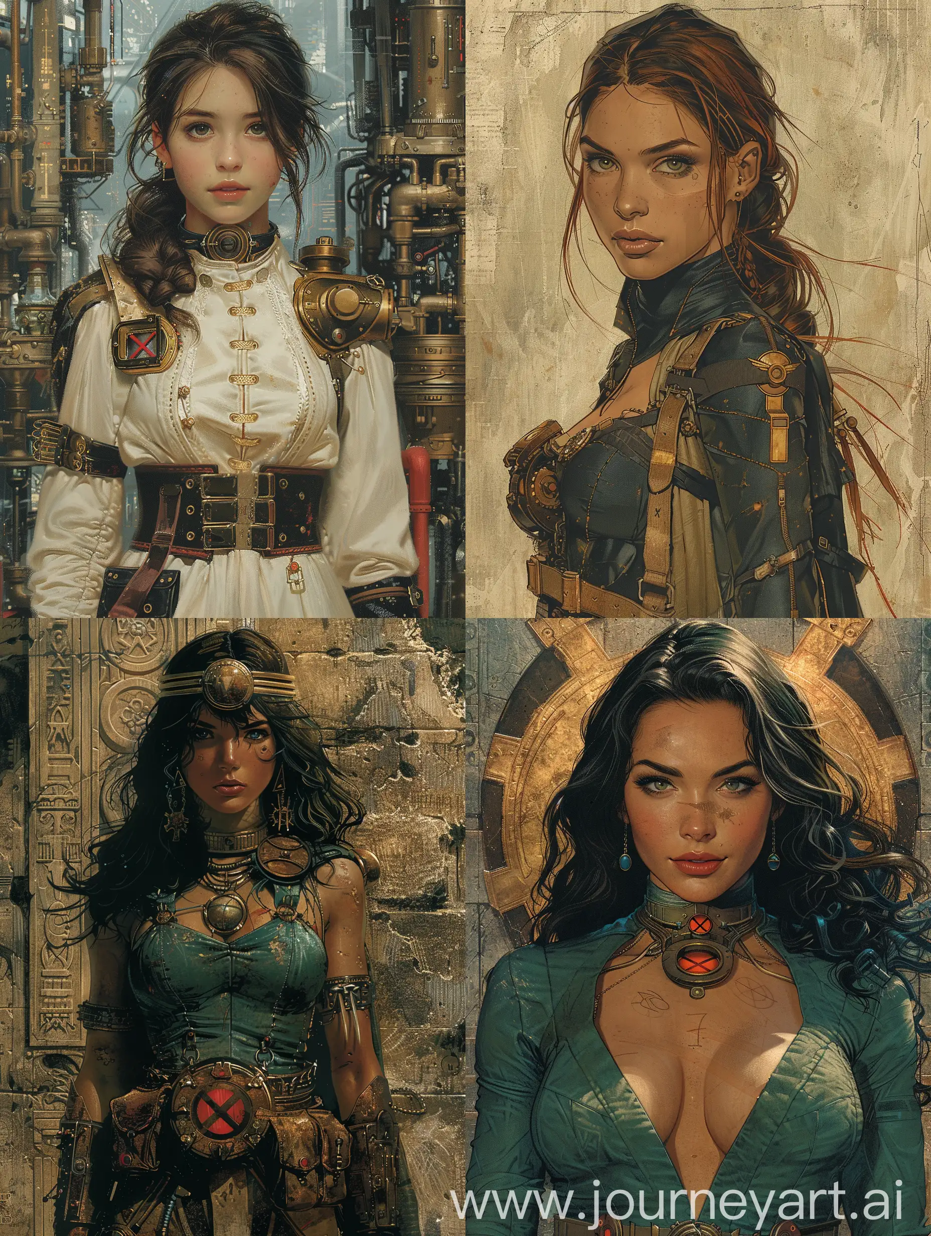 Women Amazon warrior in the steampunk style of the Victorian era, magic mechanisms and laboratory devices, Jim Lee style, features, ancient, highly detailed, complex, golden ratio composition, X-Men comic book cover, --v 6.0 --ar 3:4 --s 500 --chaos 5
