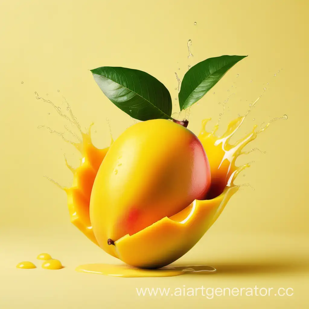 mango with splashes of juice on a pale yellow background