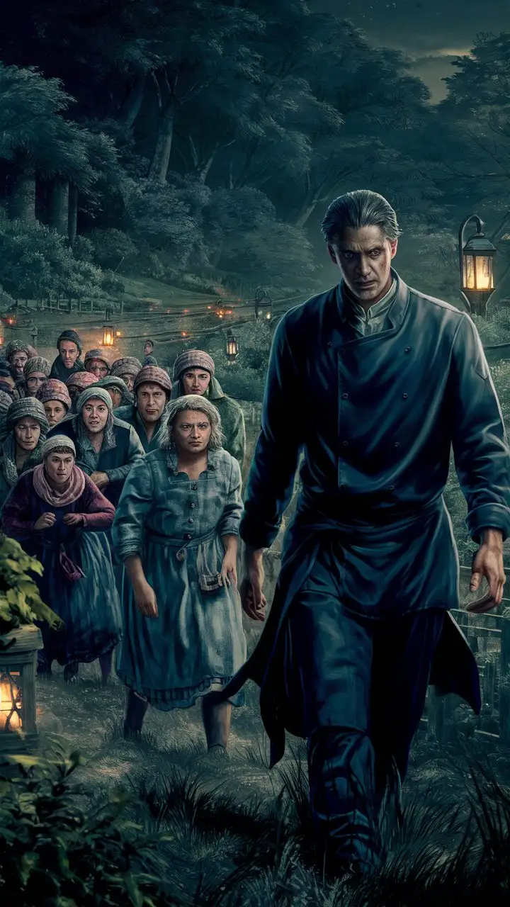A determined group of townsfolk at night, led by a tall, lanky man in his mid-30s with sharp features. His cold, calculating eyes hide his dark secrets. He wears a black chef's coat, adding to his mysterious aura. They are scouring the idyllic rural landscape. Lanterns and torches illuminate their worried faces as they comb through the dense forests, shouting; dark cinematic, foreboding background, ominous entry, 4k quality.