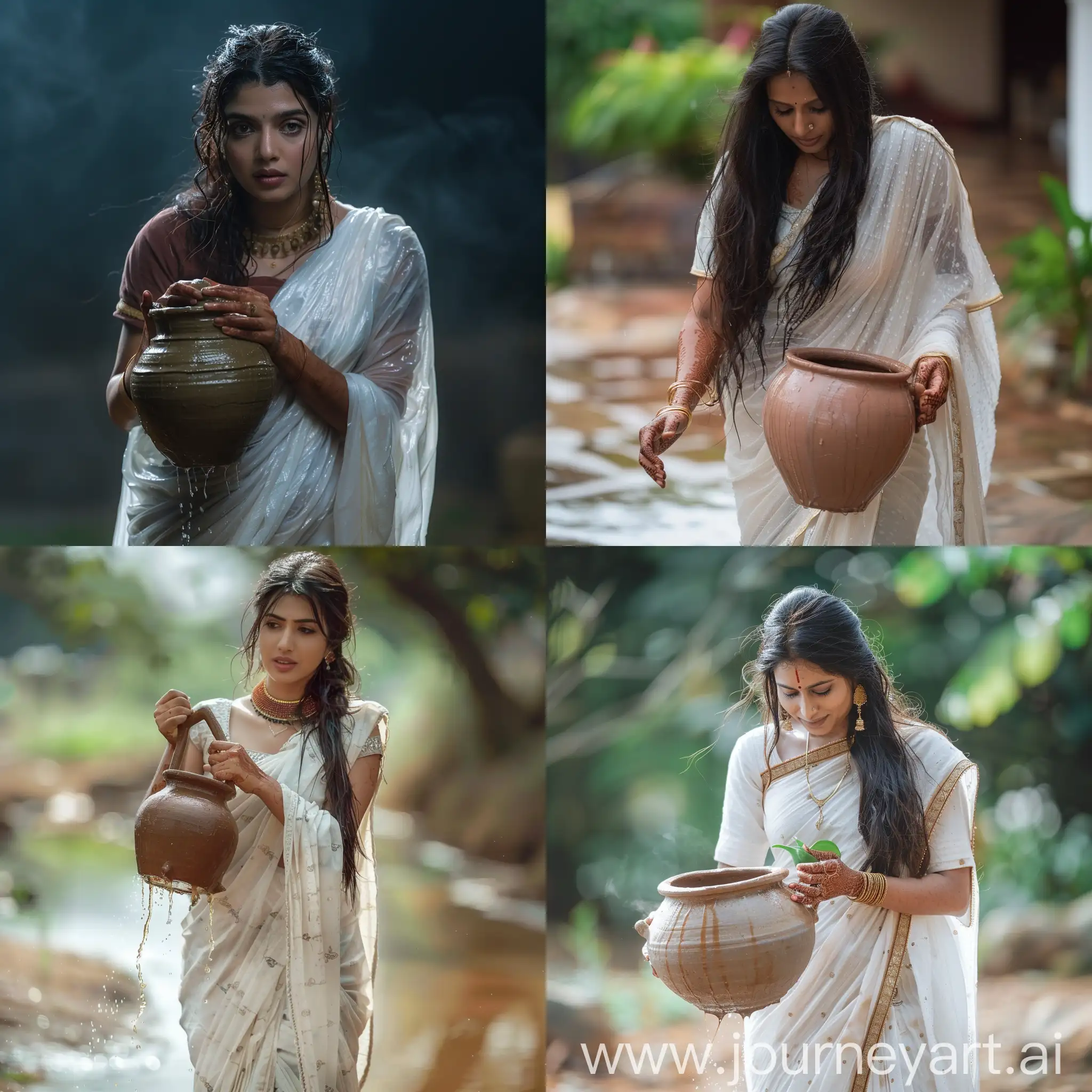 Indian 35yr old female with in a wet white  saree trying to carry an earthen pot