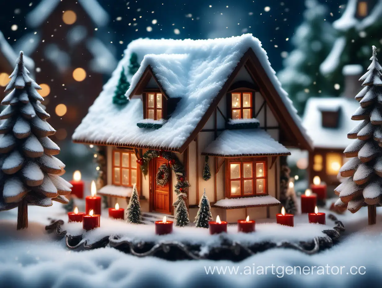 A snowy winter wonderland, with a quaint cottage nestled among the trees, its windows glowing with the warm light of candles and Christmas decorations., Miki Asai Macro photography, close-up, hyper detailed, trending on artstation, sharp focus, studio photo, intricate details, highly detailed, by greg rutkowski, 4K