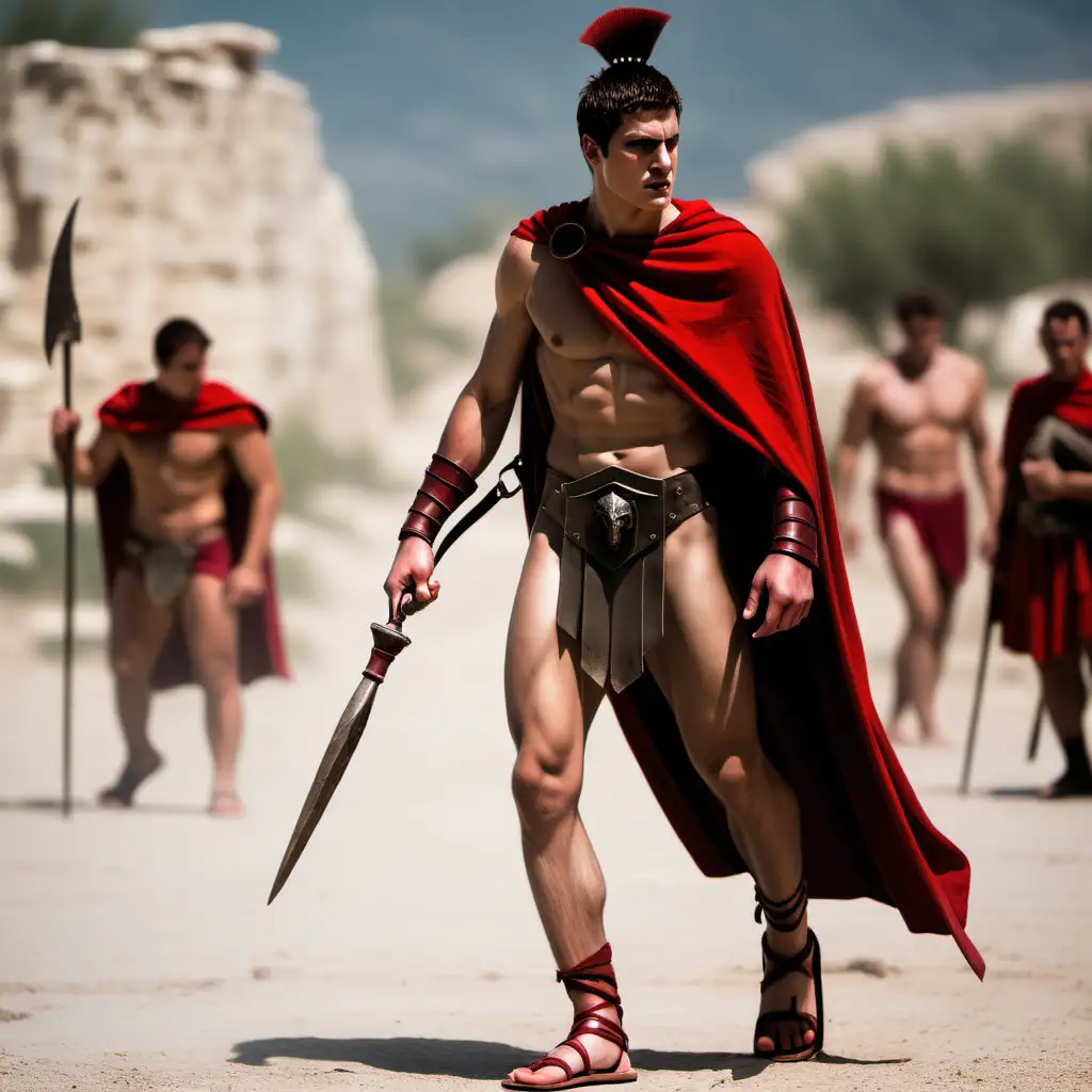 A heAd to toe picture of a young spartan without weapons being punished whip shirtless amd barelegged wearing only a  tiny pouch and a red cape and sandals