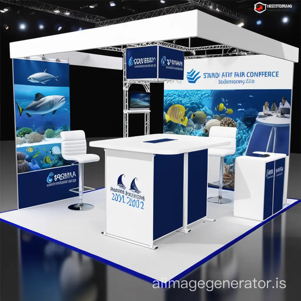 2X2X2.5m Stand for Conference and Event Show, Tradeshow Fair Exhibition Booth Stalls with top cover white  and closed. making it spectacular. the floor to be navy blue. Make the extremely appealing. On the Top write Aquatic Resources and Blue Economy Conference 2024. Write in English