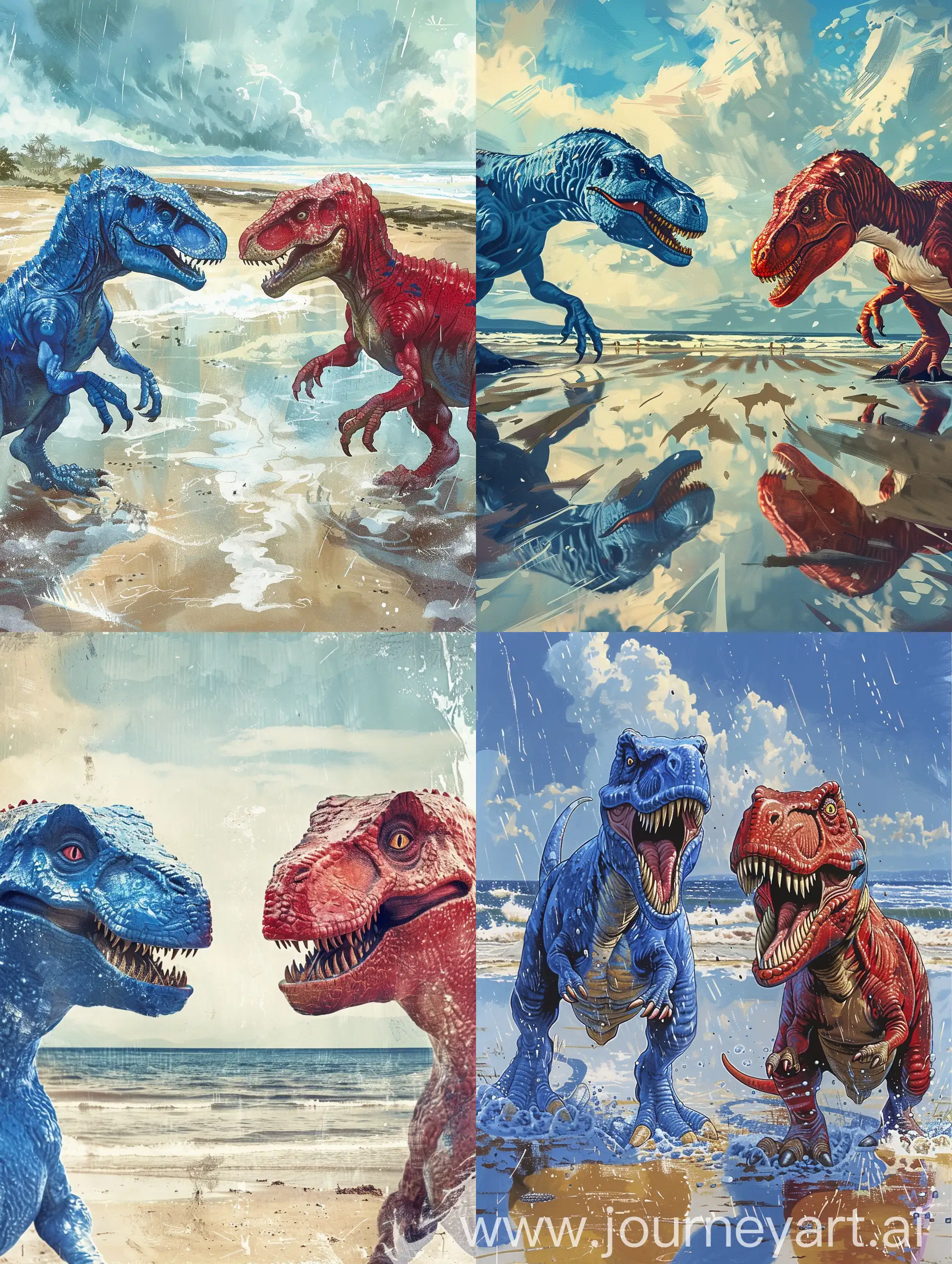 Colorful-Duel-Blue-and-Red-TRexes-Roaming-Seaside