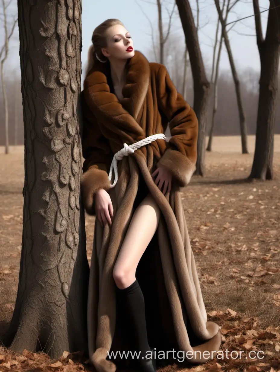 Elegant-Tall-Woman-Restrained-by-Tree-in-Opulent-Fur-Coat