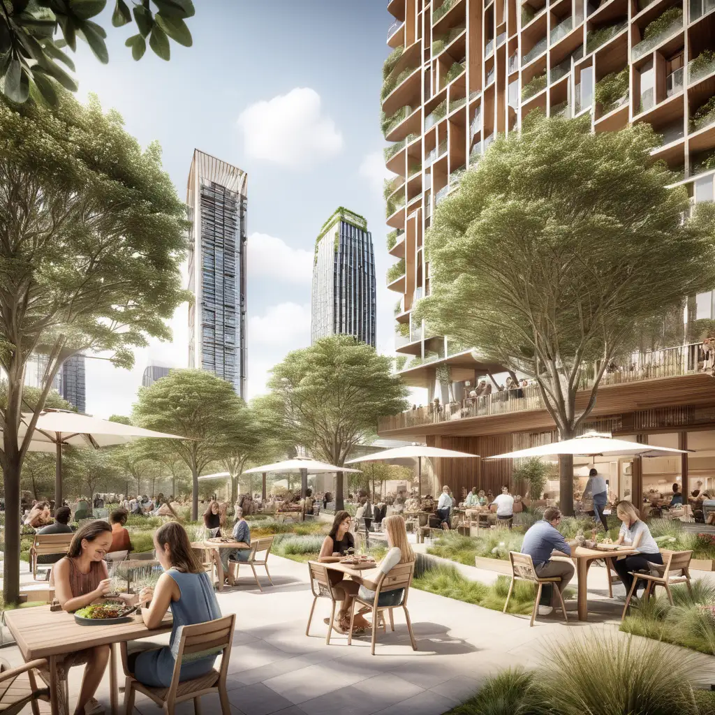 New city Green Square for 30,000 dwellings mixed use parklands generous tree canopy outdoor dining with some tall buildings