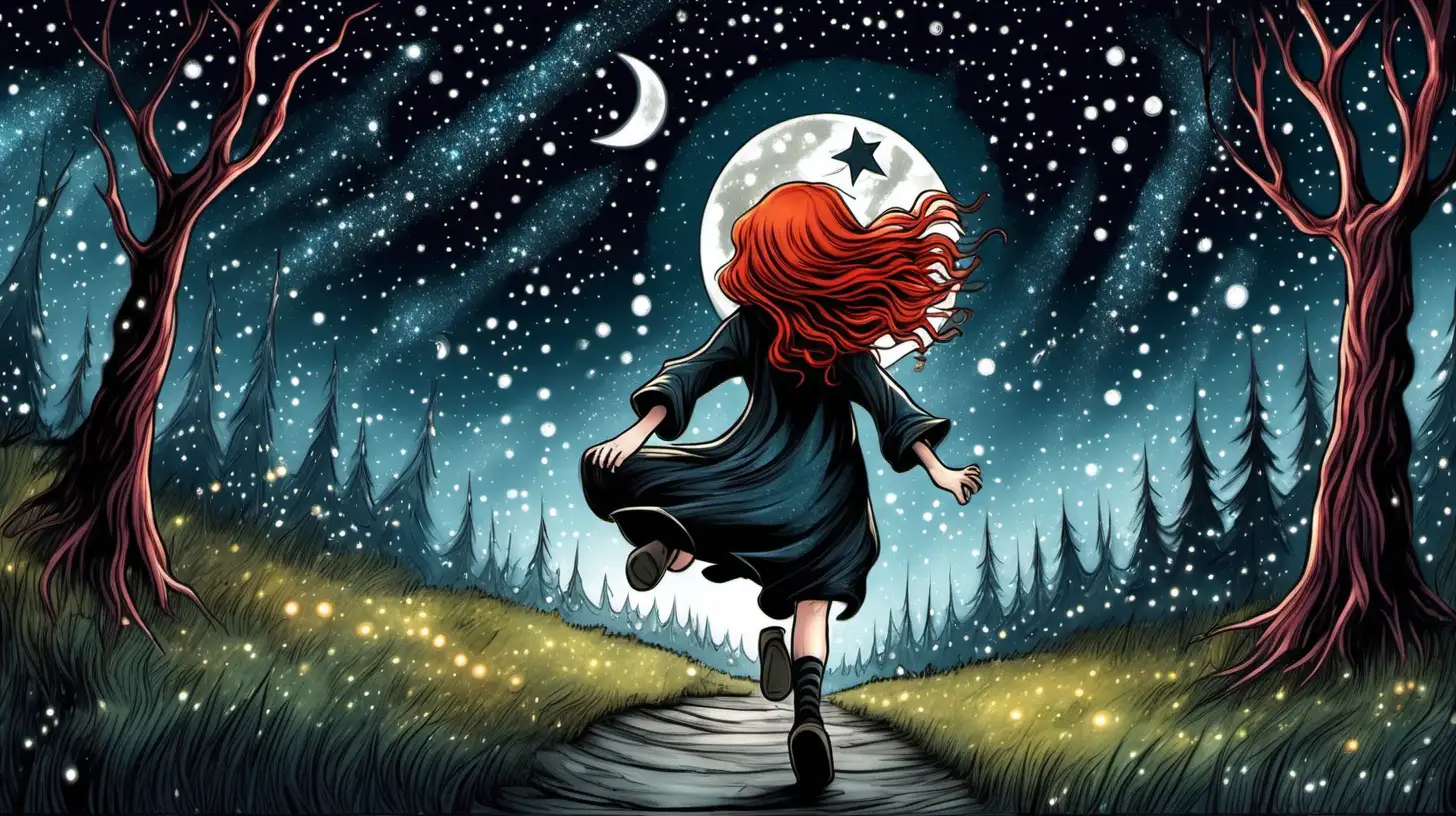 RedHaired Witch Girl Running Through Enchanted Forest on Starry Night