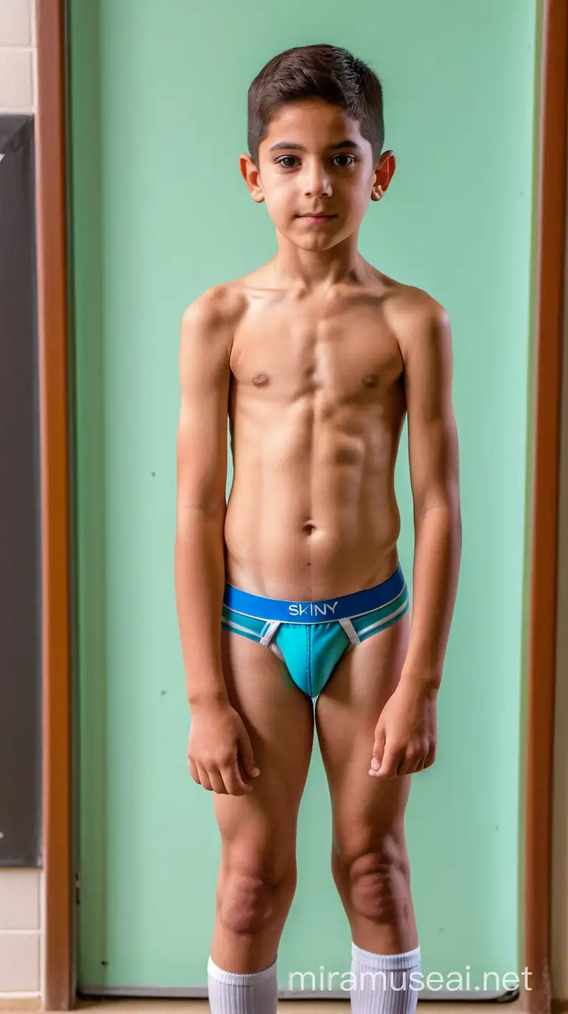 Niño mexicano delgado de 10 años usando jockstrap en el gimnasio de la escuela