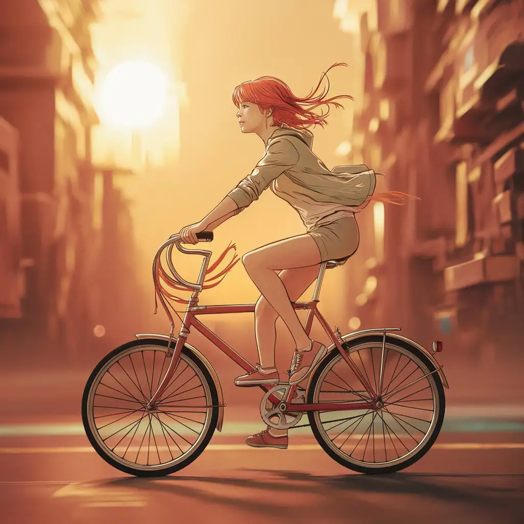 simple line art illustration of a young woman riding a bike