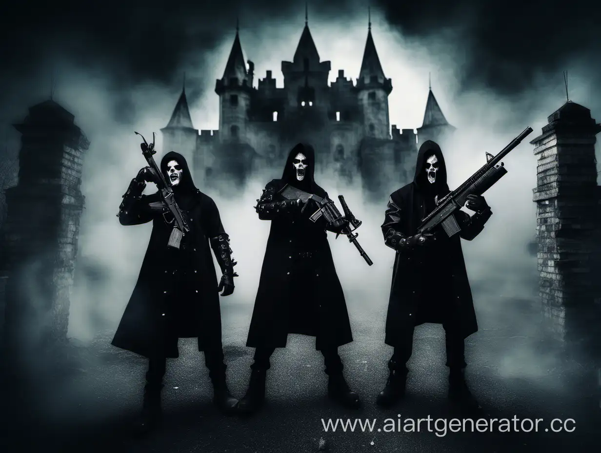 two demon thugs with guns, infront of old scary castle, black metal cover style 