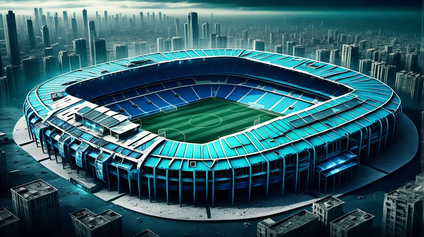 PostApocalyptic SciFi Soccer Stadium with Aqua and Dark Blue Houses