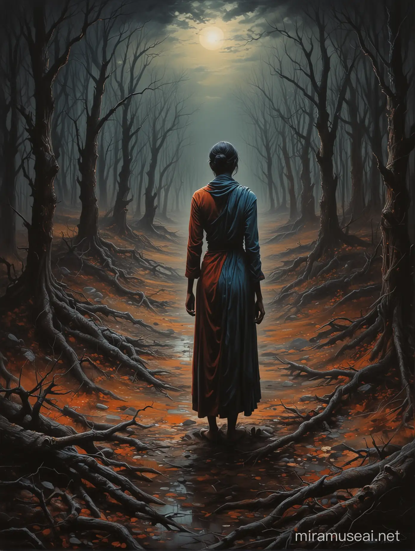 Surrealistic painting by Durga Batal Batsayan, featuring a figure lost in a dark and shadowy landscape, filled with doubt and fear. Detailed brushstrokes create an eerie atmosphere, while the use of vibrant colors adds a sense of intensity to the piece. The surrealist style adds an element of mystery and intrigue to the overall composition. (long shot)

