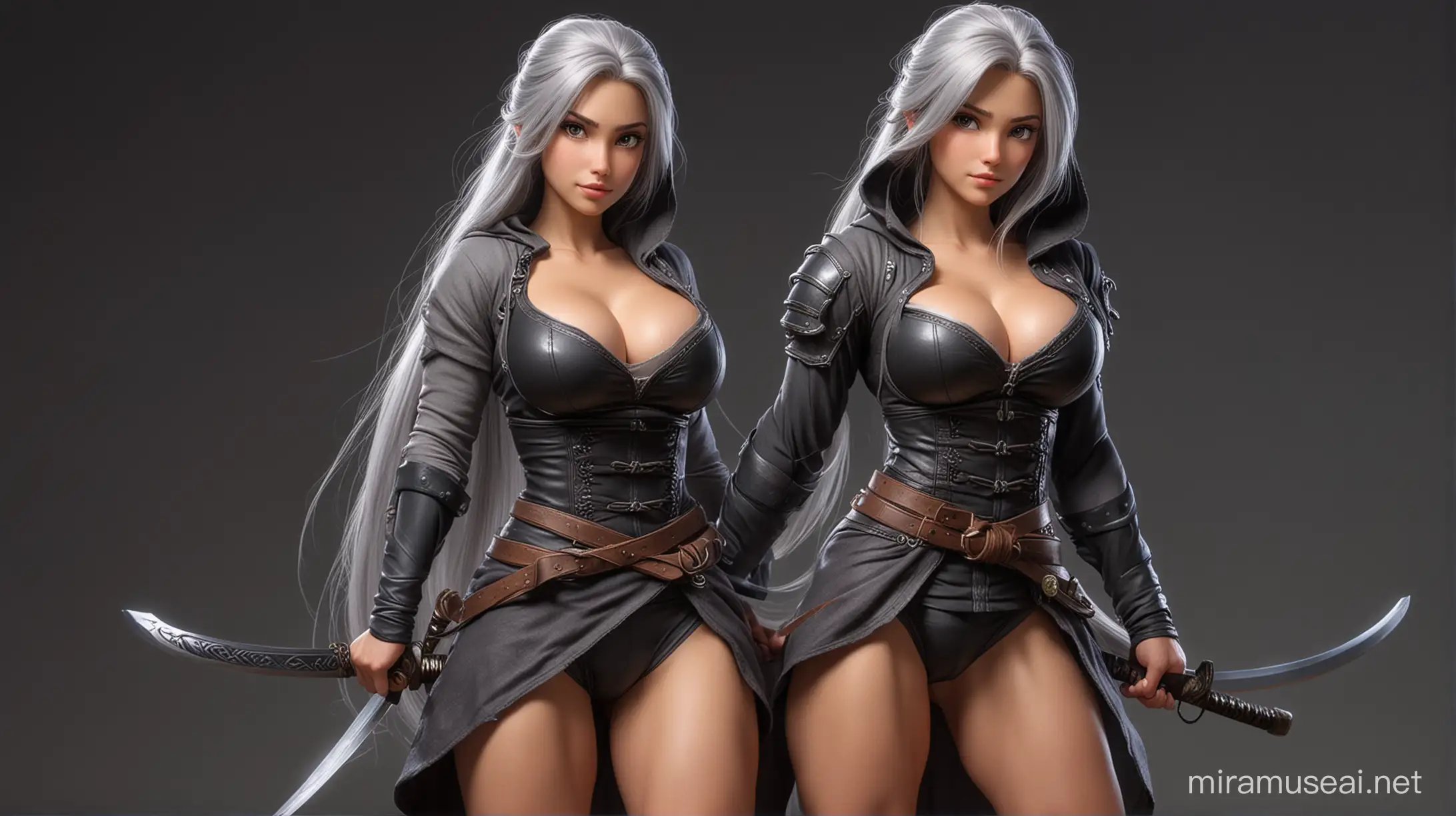 extremely gigantic woman; extremely muscular; samurai; hooded; beautiful; sexy; seductive; cute; Rapunzel-like hair; grey hair; very big breasts; extremely muscular thighs; 