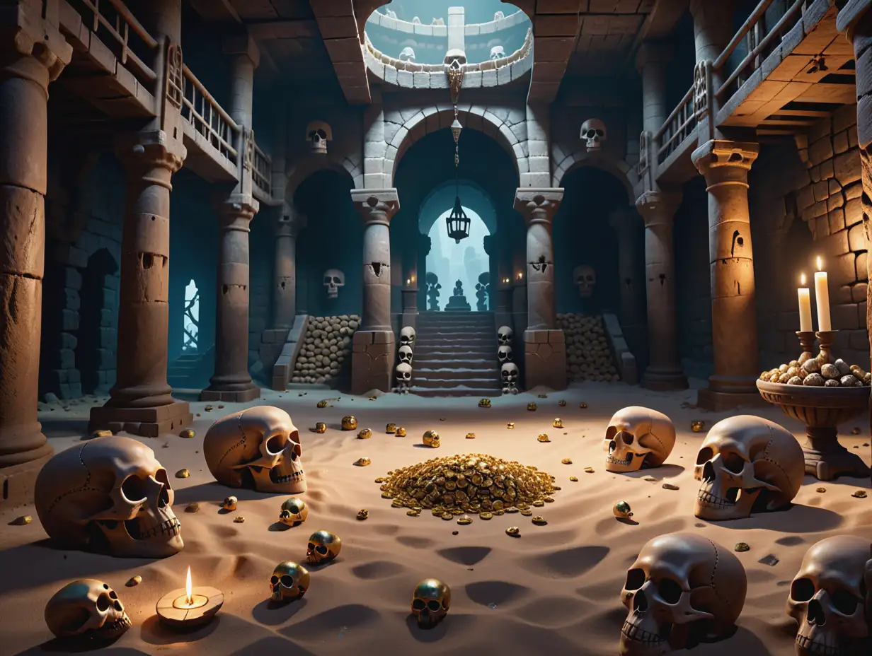 Mysterious Uncharted Dungeon with Skulls Bones and Treasure