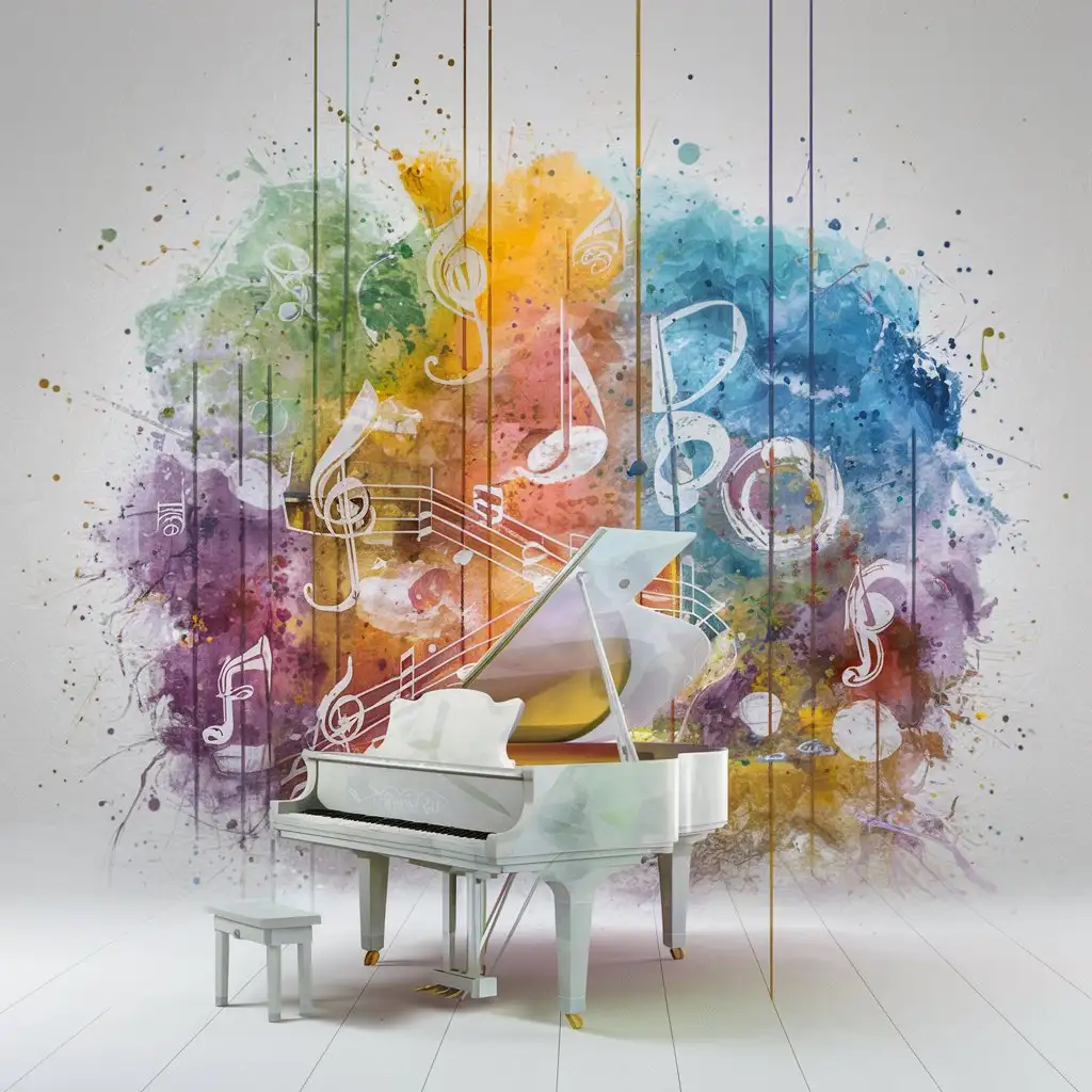 Watercolour-impressionism-abstract multu-coloured splashes-white background-music sympols-baby grand piano in 3/4 positon with open lid-translusent and sparkling like a crystal