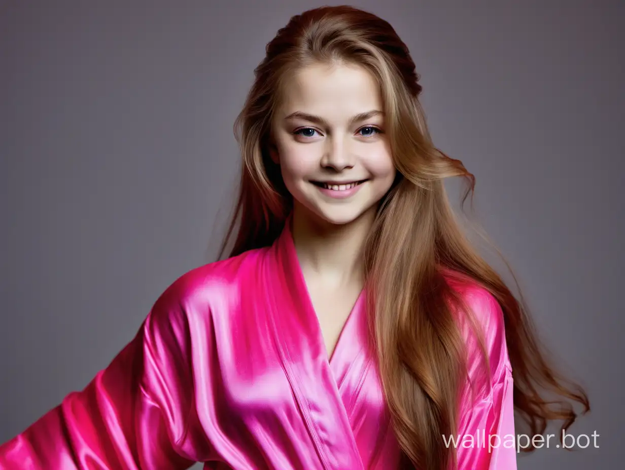 Yulia Lipnitskaya in a tender long bright pink silk robe with long hair smiles