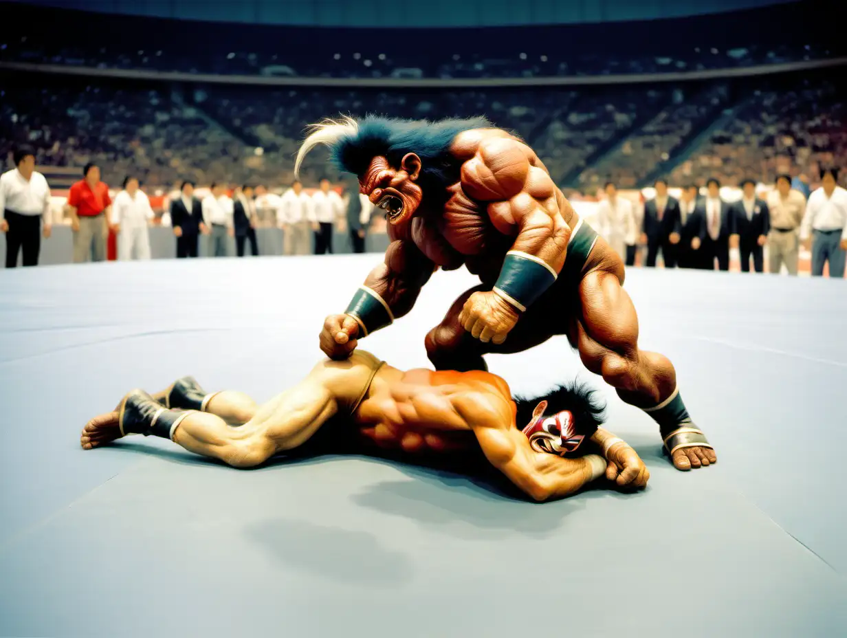 Troll slamming a wrestler on to the mat in the Tokyo Dome Frank Frazetta style
