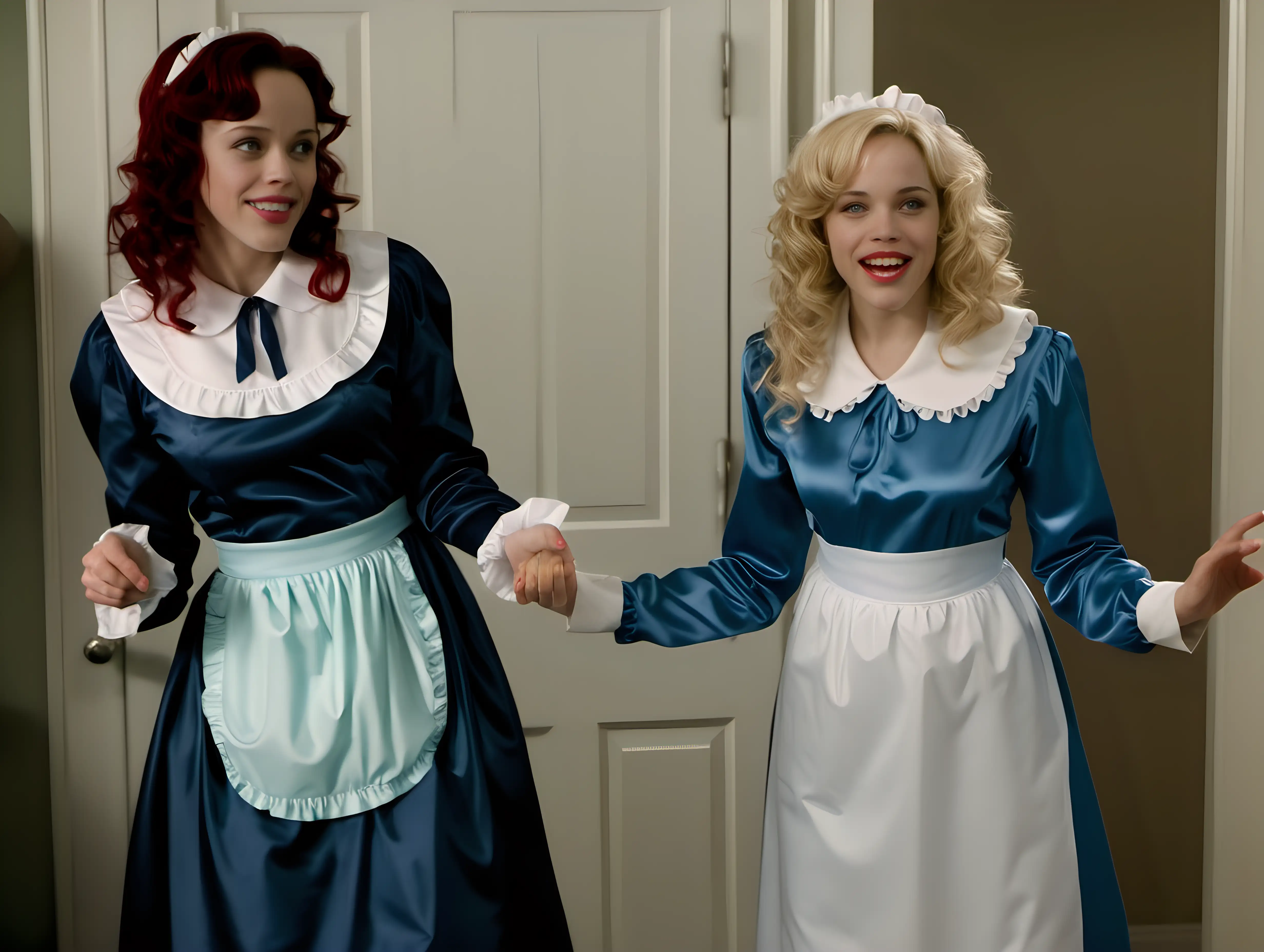 girls in long   crystal silk satin blue cream retro maid  gown with white apron and peter pan colar and long sleeves costume and milf mothers long blonde and red hair,black hair  rachel macadams and margo robin smile clean bathroom