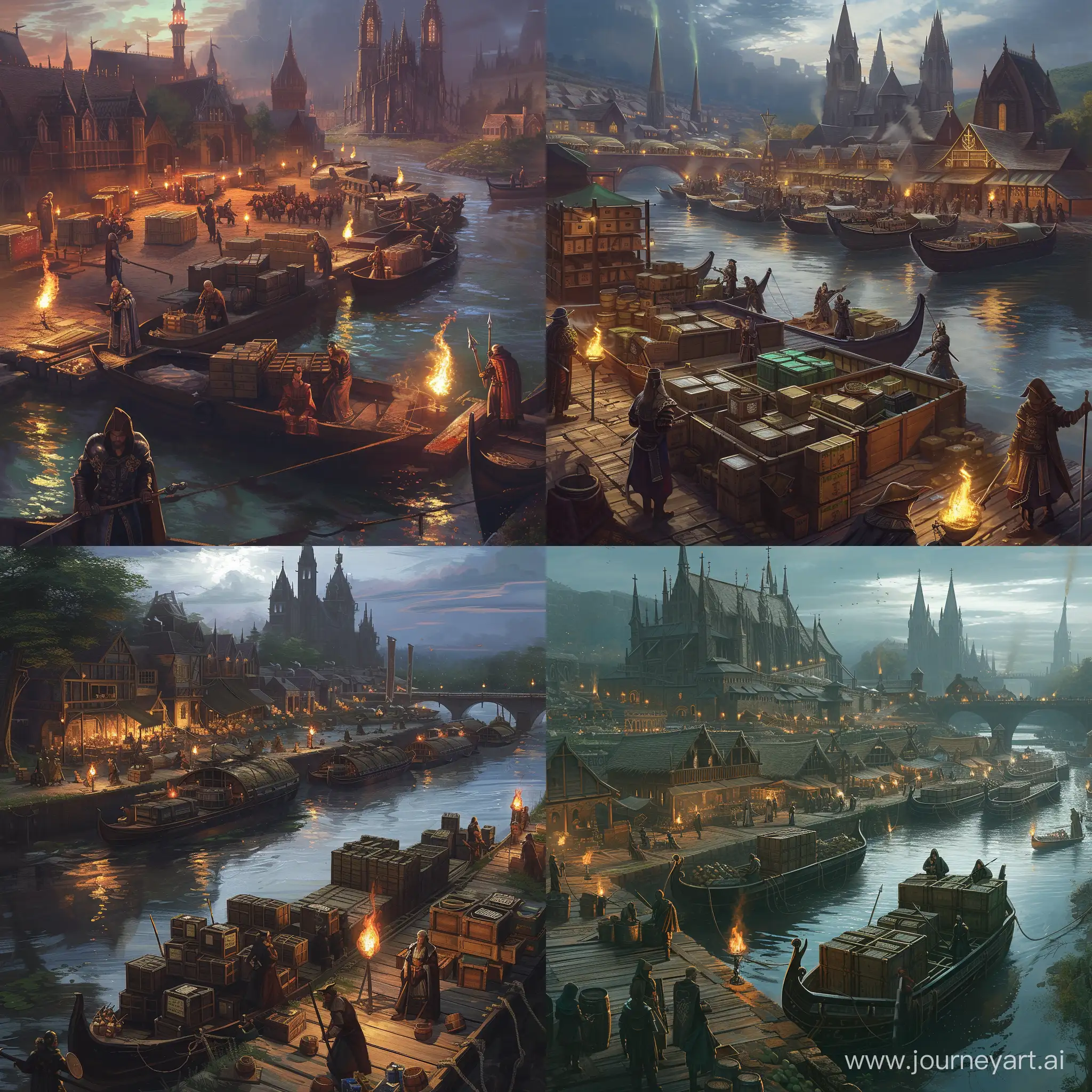 Fantasy-River-Docks-with-Magical-Illumination-and-Cathedral
